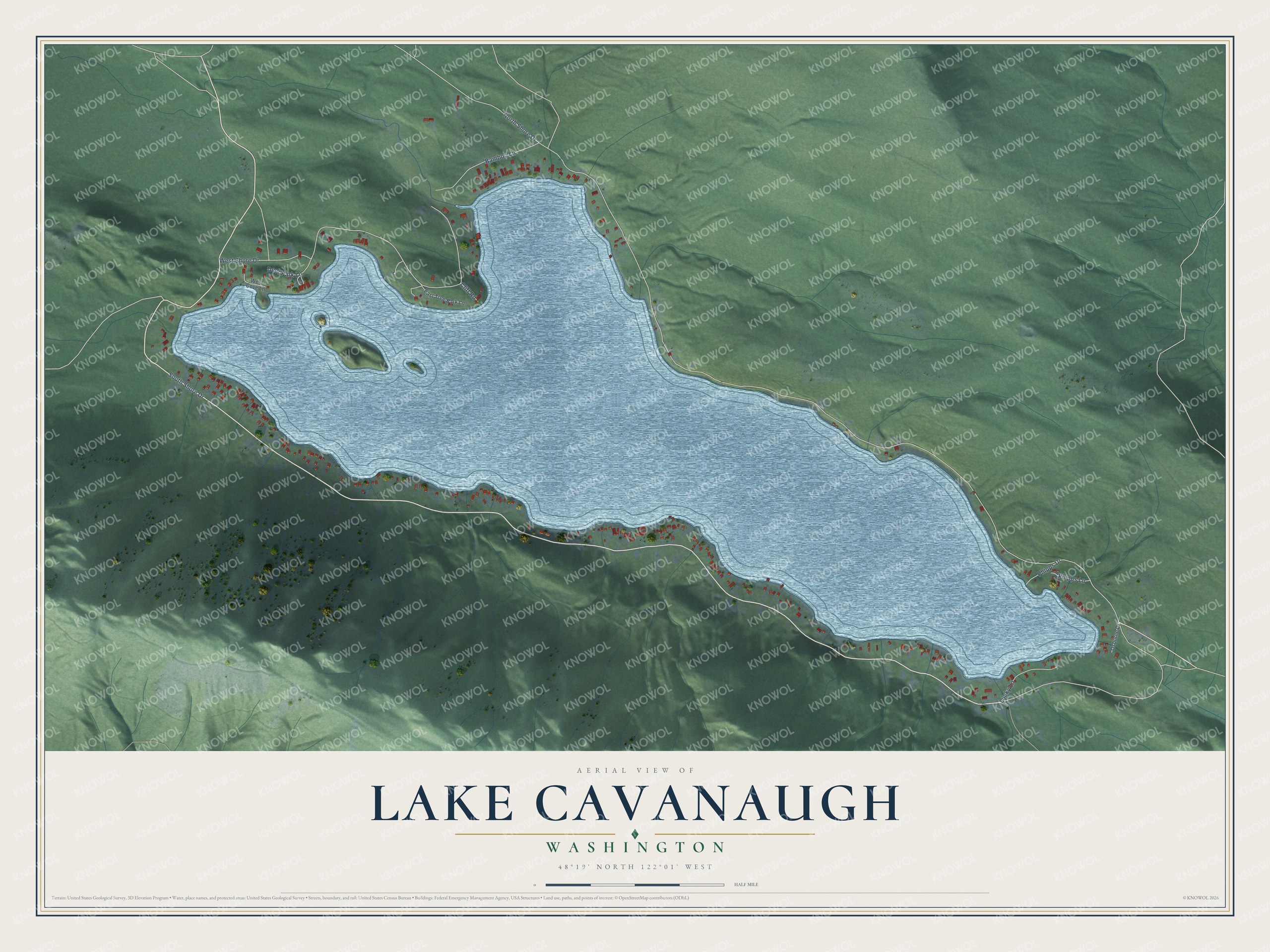 Full map of Lake Cavanaugh, Washington, with red buildings, printed street names and the land around them