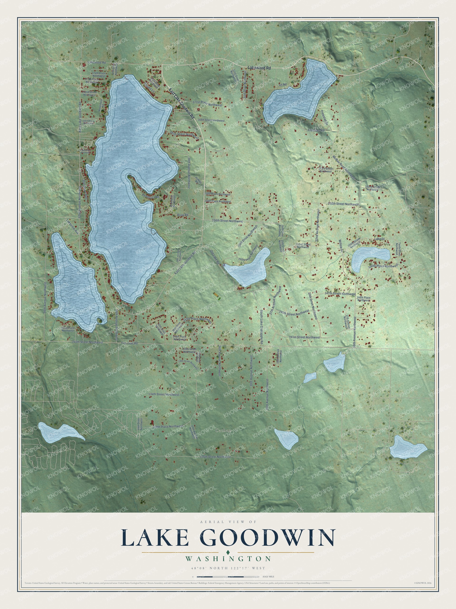 Full map of Lake Goodwin, Washington, with red buildings, printed street names and the land around them