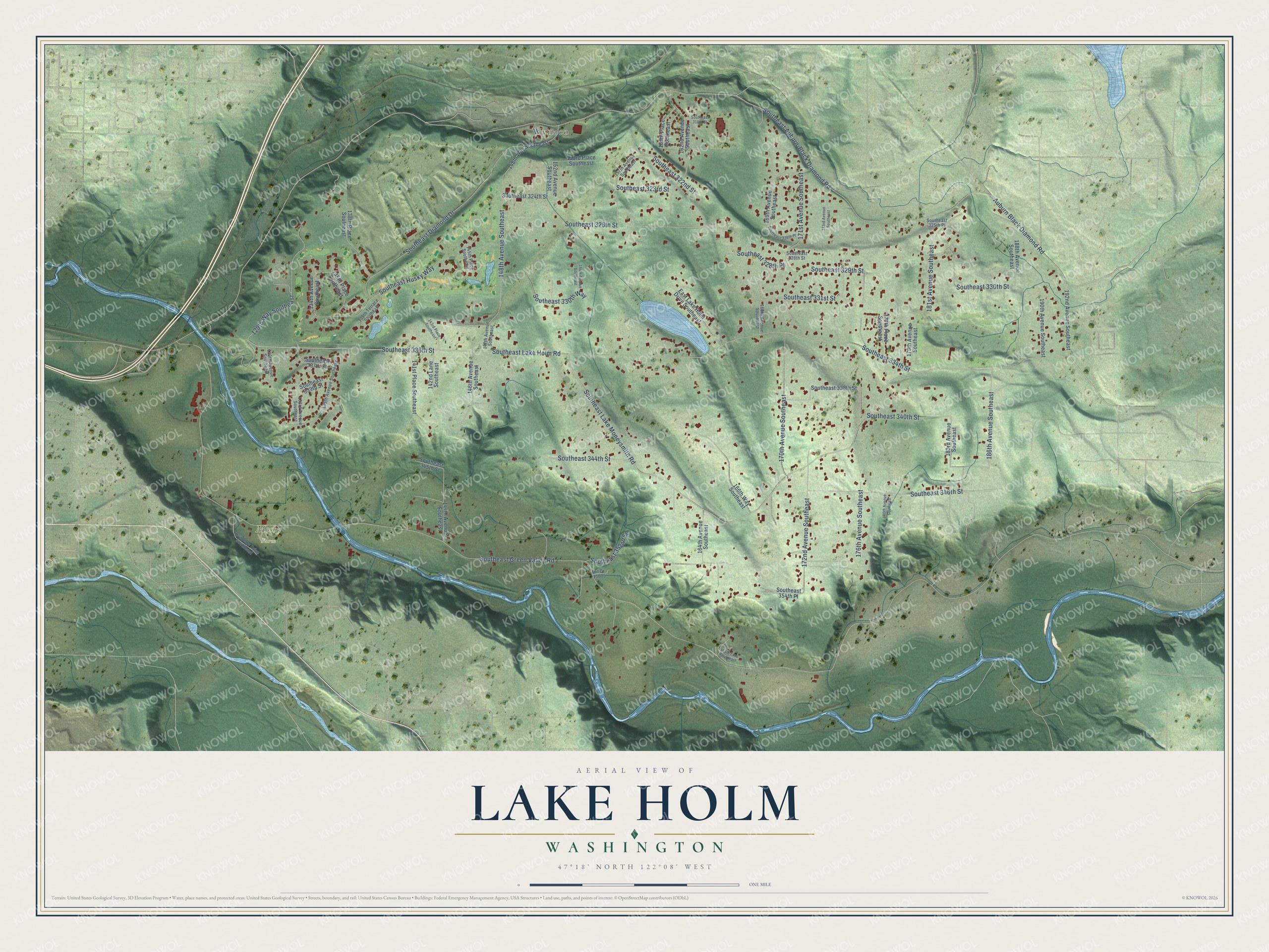 Full map of Lake Holm, Washington, with red buildings, printed street names and the land around them