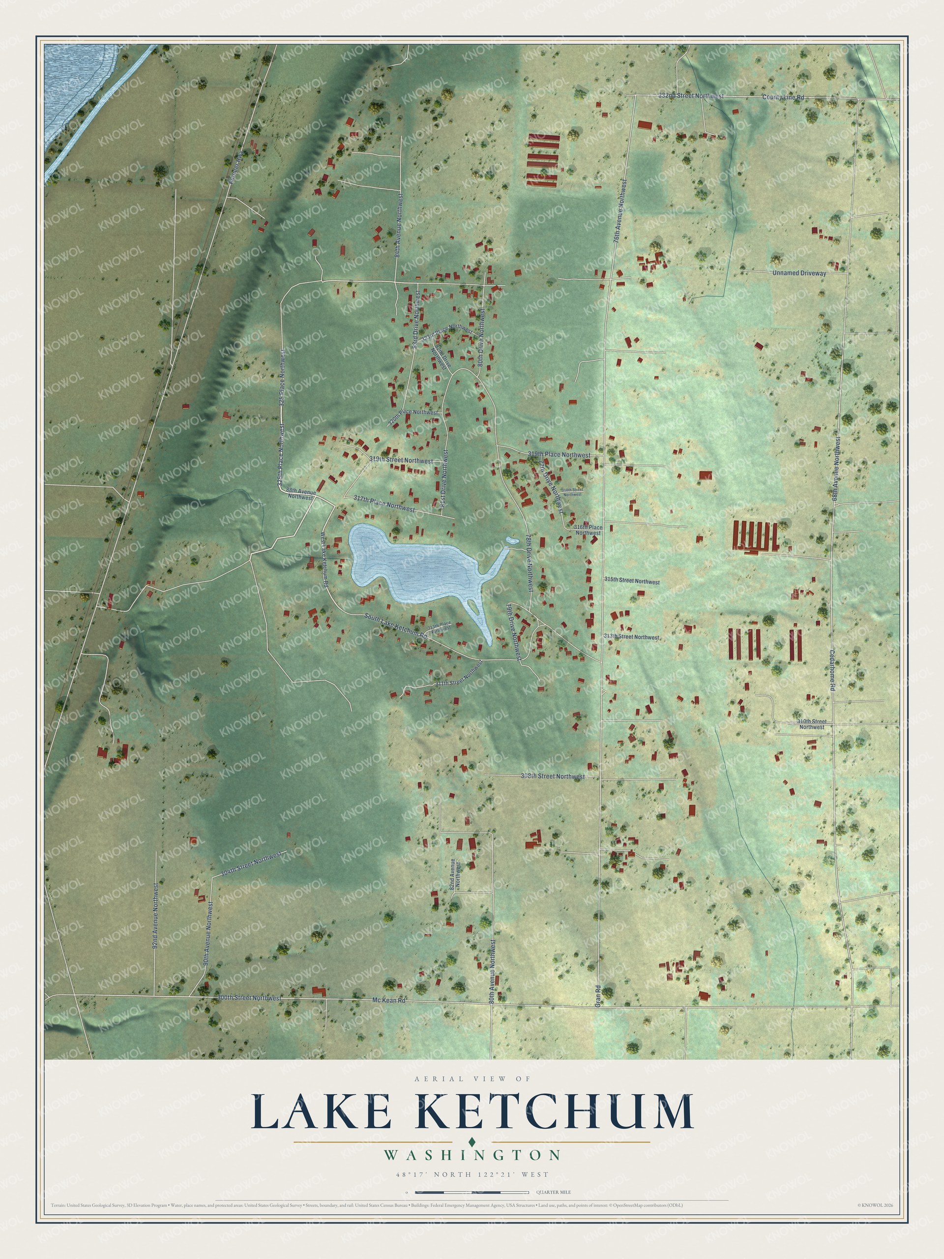 Full map of Lake Ketchum, Washington, with red buildings, printed street names and the land around them