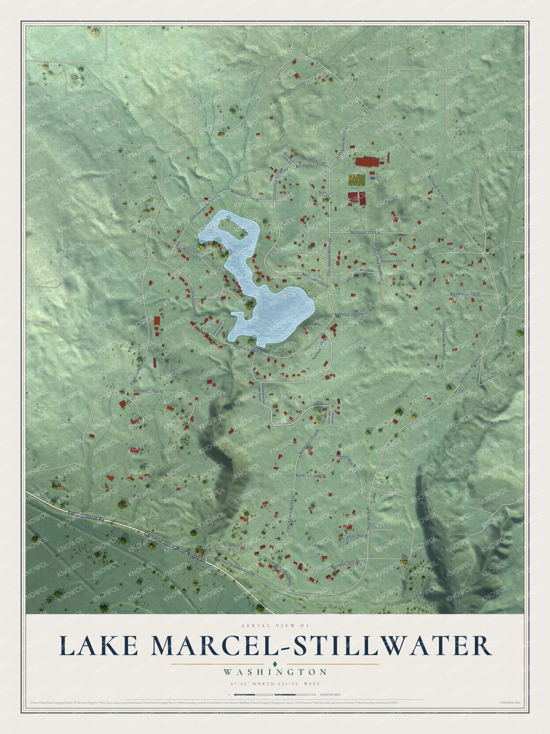 Full map of Lake Marcel-Stillwater, Washington, with red buildings, printed street names and the land around them