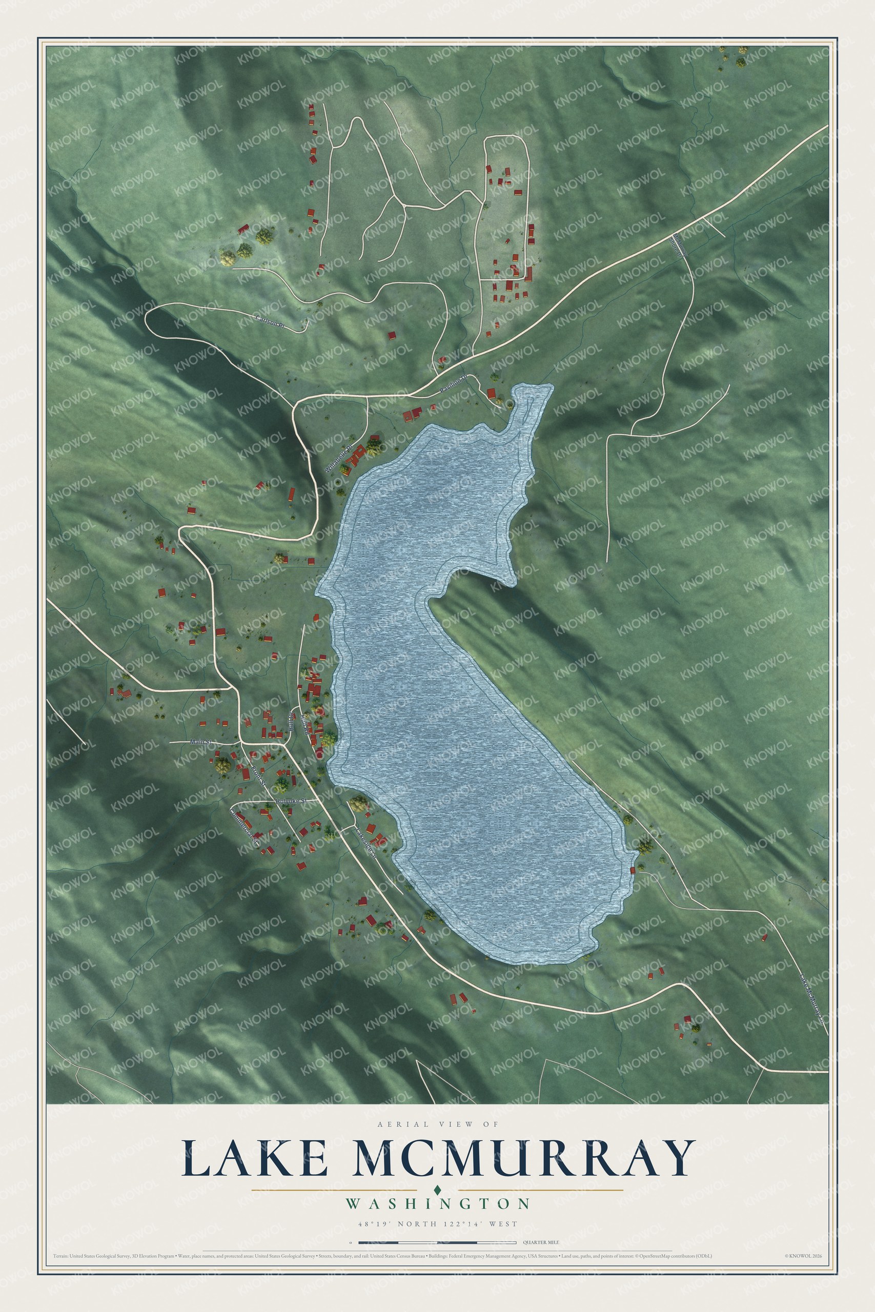 Full map of Lake McMurray, Washington, with red buildings, printed street names and the land around them