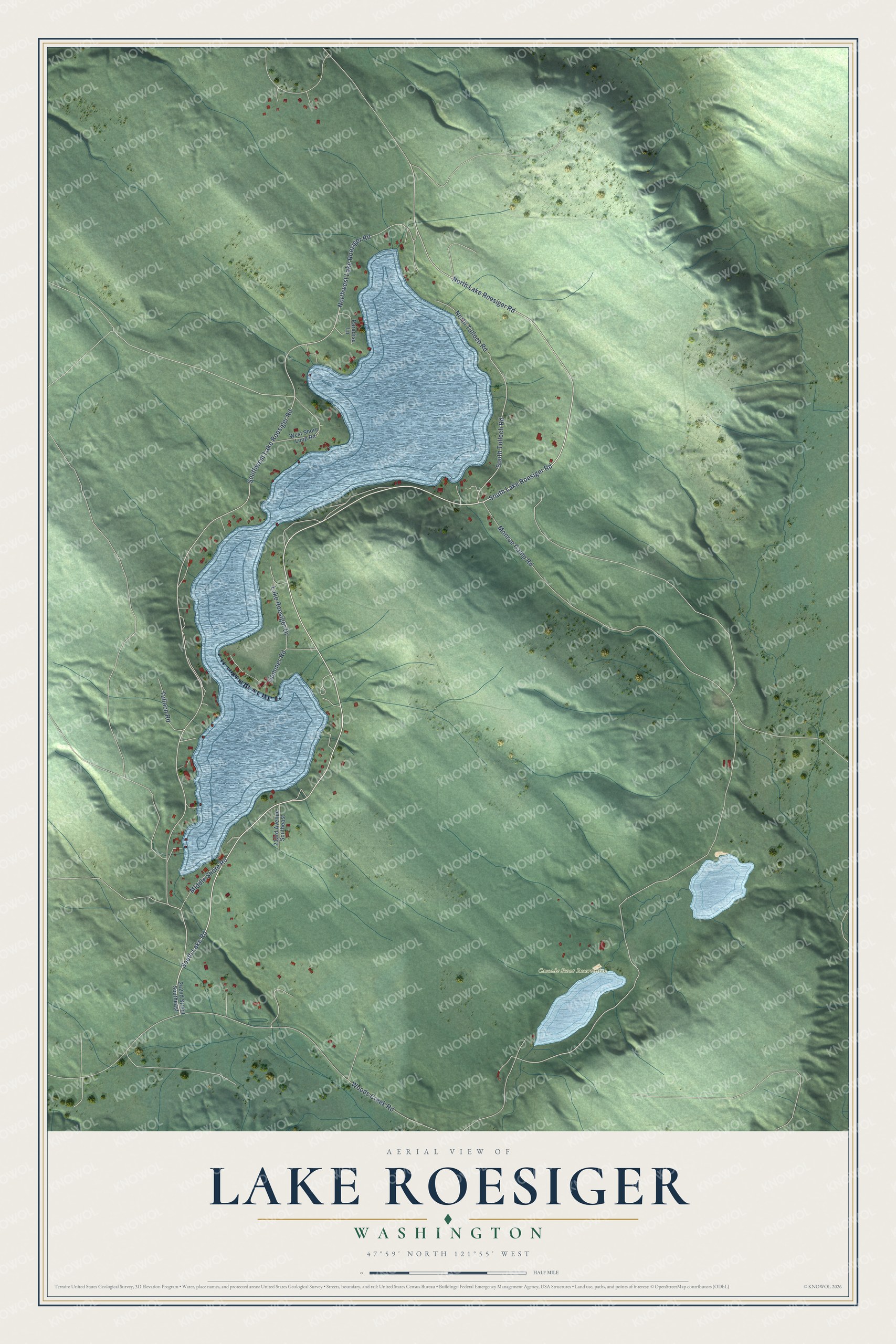 Full map of Lake Roesiger, Washington, with red buildings, printed street names and the land around them