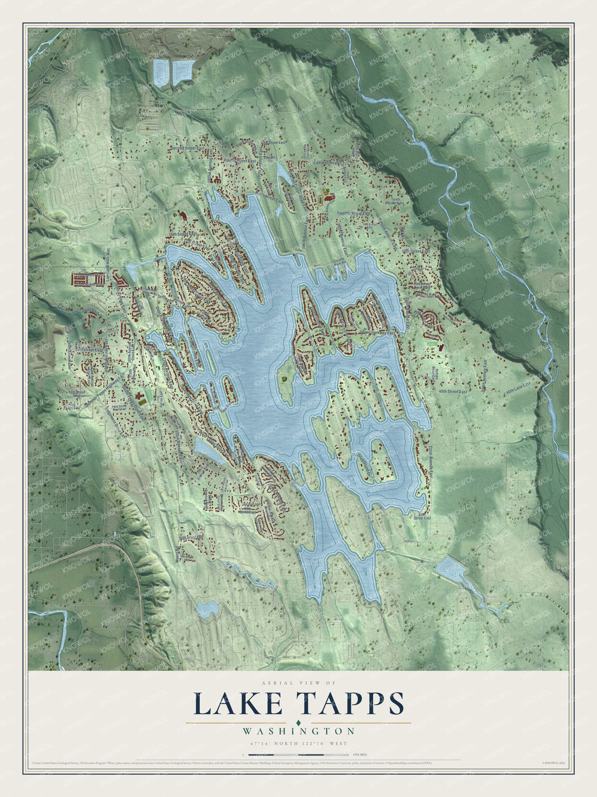 Full map of Lake Tapps, Washington, with red buildings, printed street names and the land around them