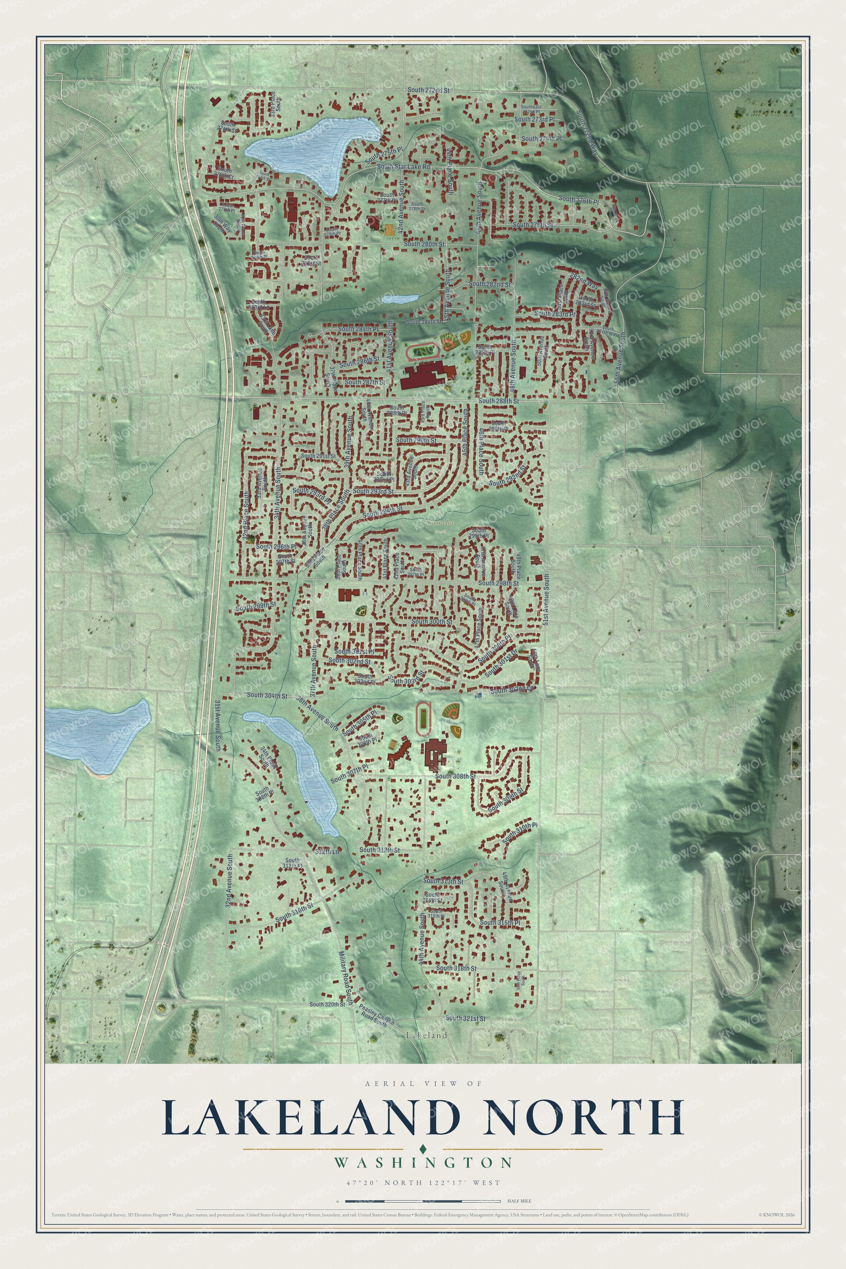 Full map of Lakeland North, Washington, with red buildings, printed street names and the land around them