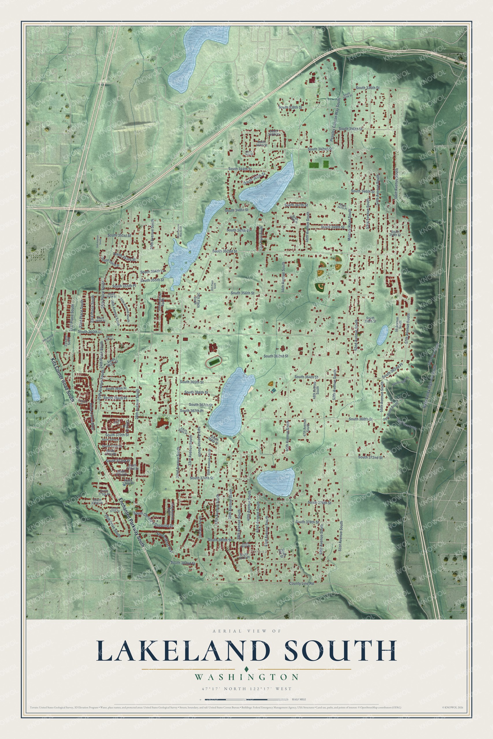 Full map of Lakeland South, Washington, with red buildings, printed street names and the land around them