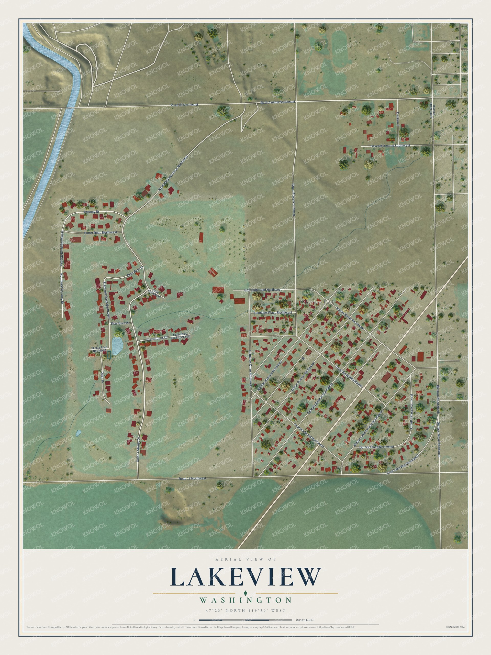 Full map of Lakeview, Washington, with red buildings, printed street names and the land around them