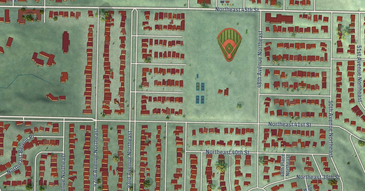 Close-up of streets and buildings in Laurelhurst, Washington