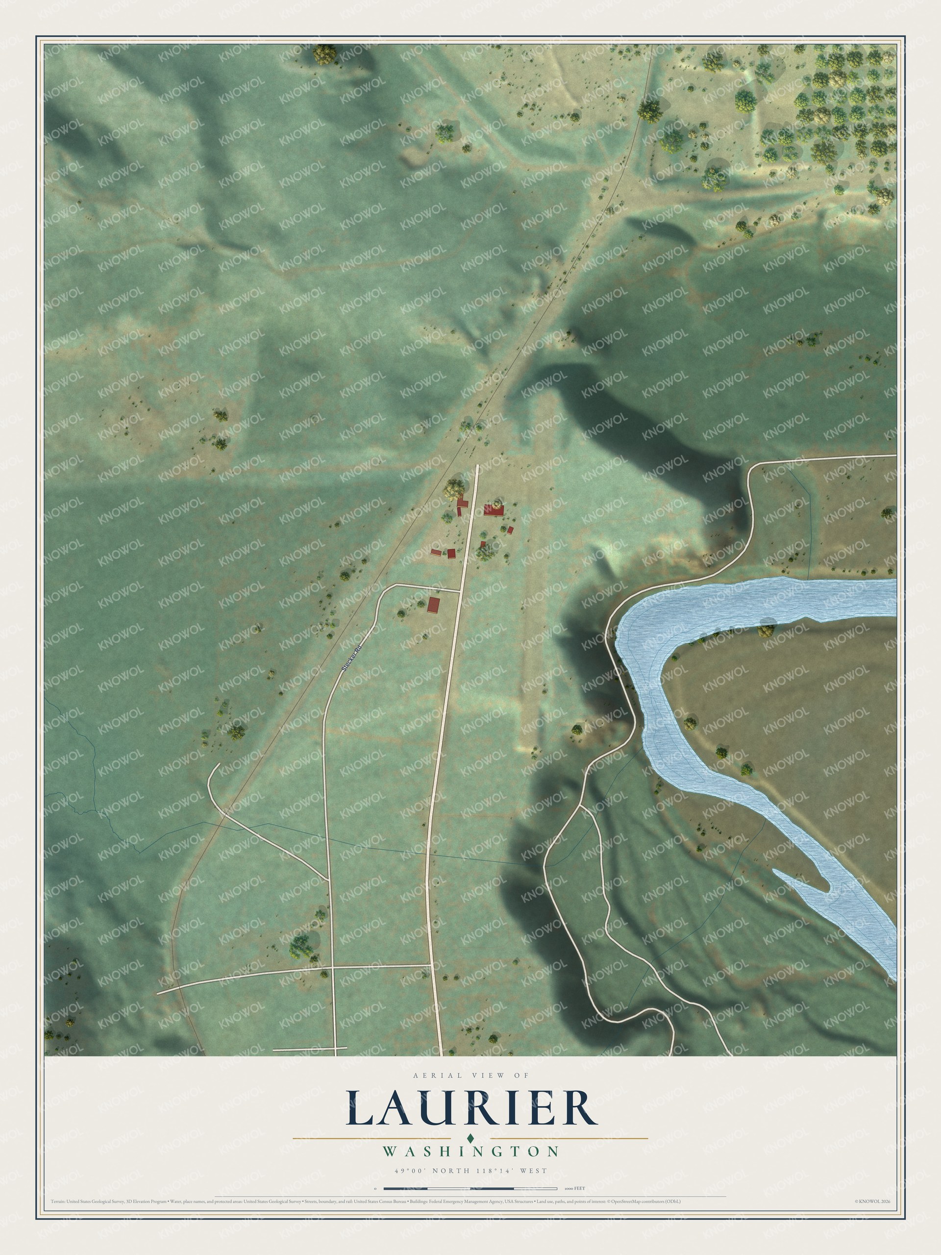 Full map of Laurier, Washington, with red buildings, printed street names and the land around them