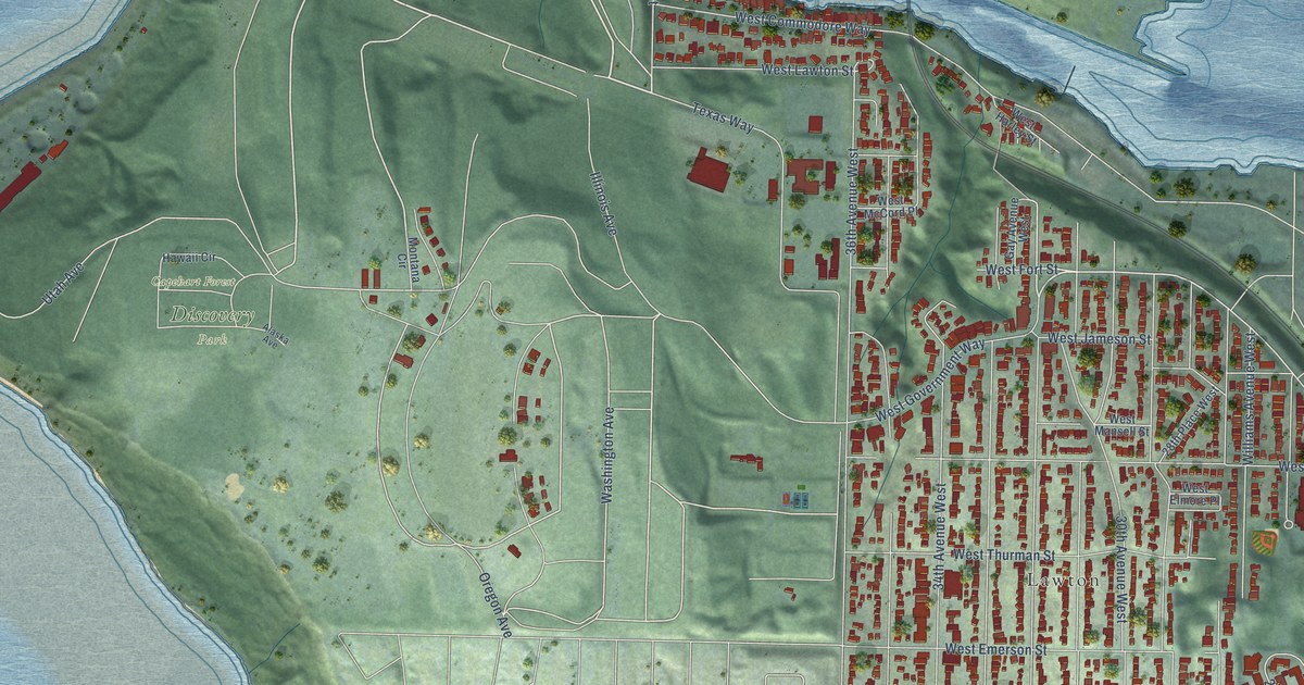 Close-up of streets and buildings in Lawton Park, Washington