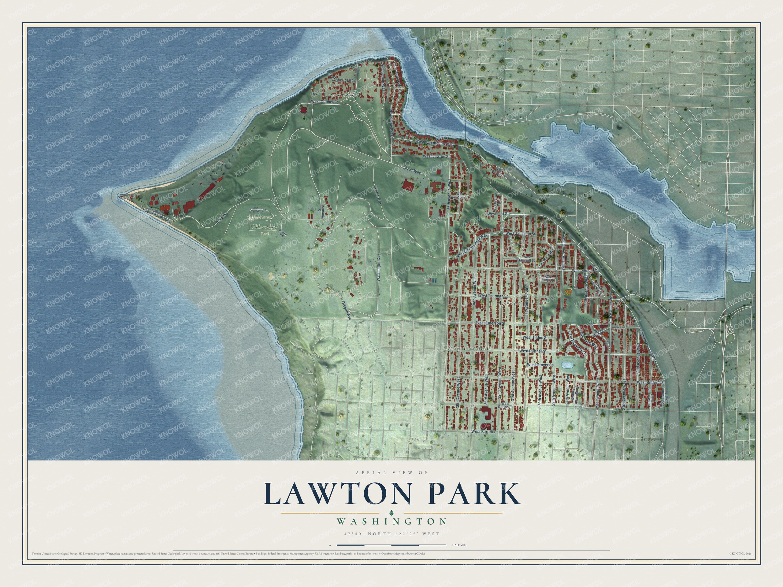 Full map of Lawton Park, Washington, with red buildings, printed street names and the land around them