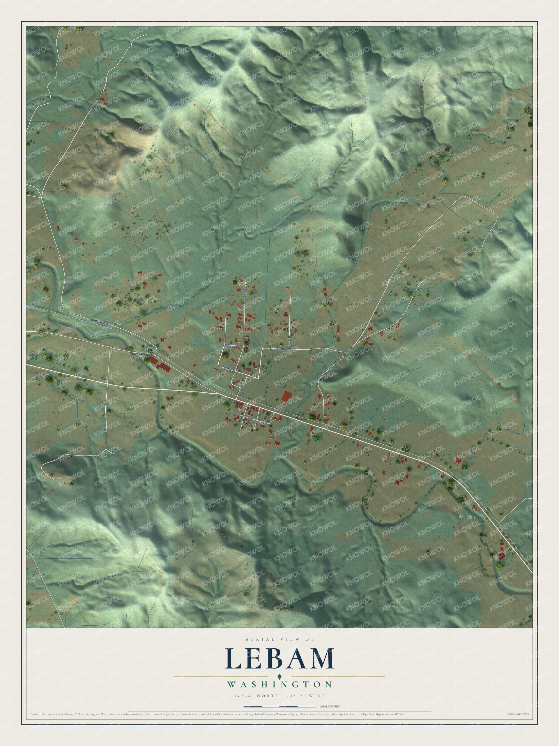Full map of Lebam, Washington, with red buildings, printed street names and the land around them