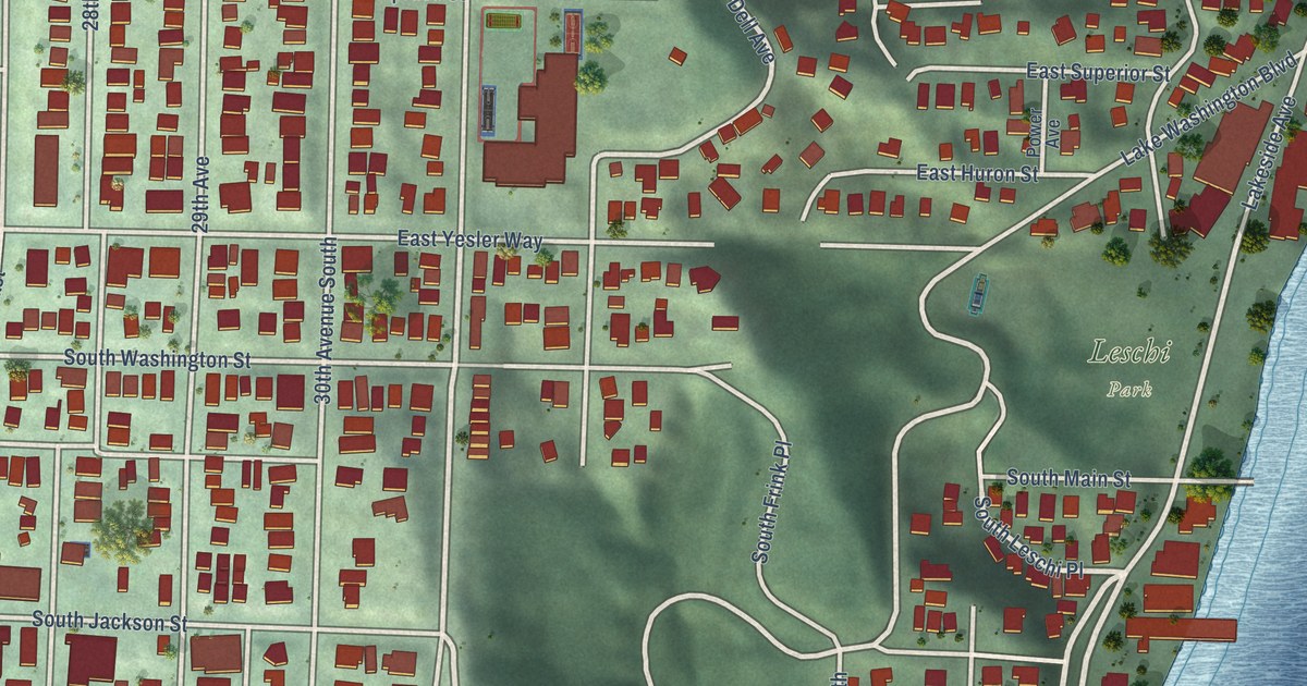 Close-up of streets and buildings in Leschi, Washington