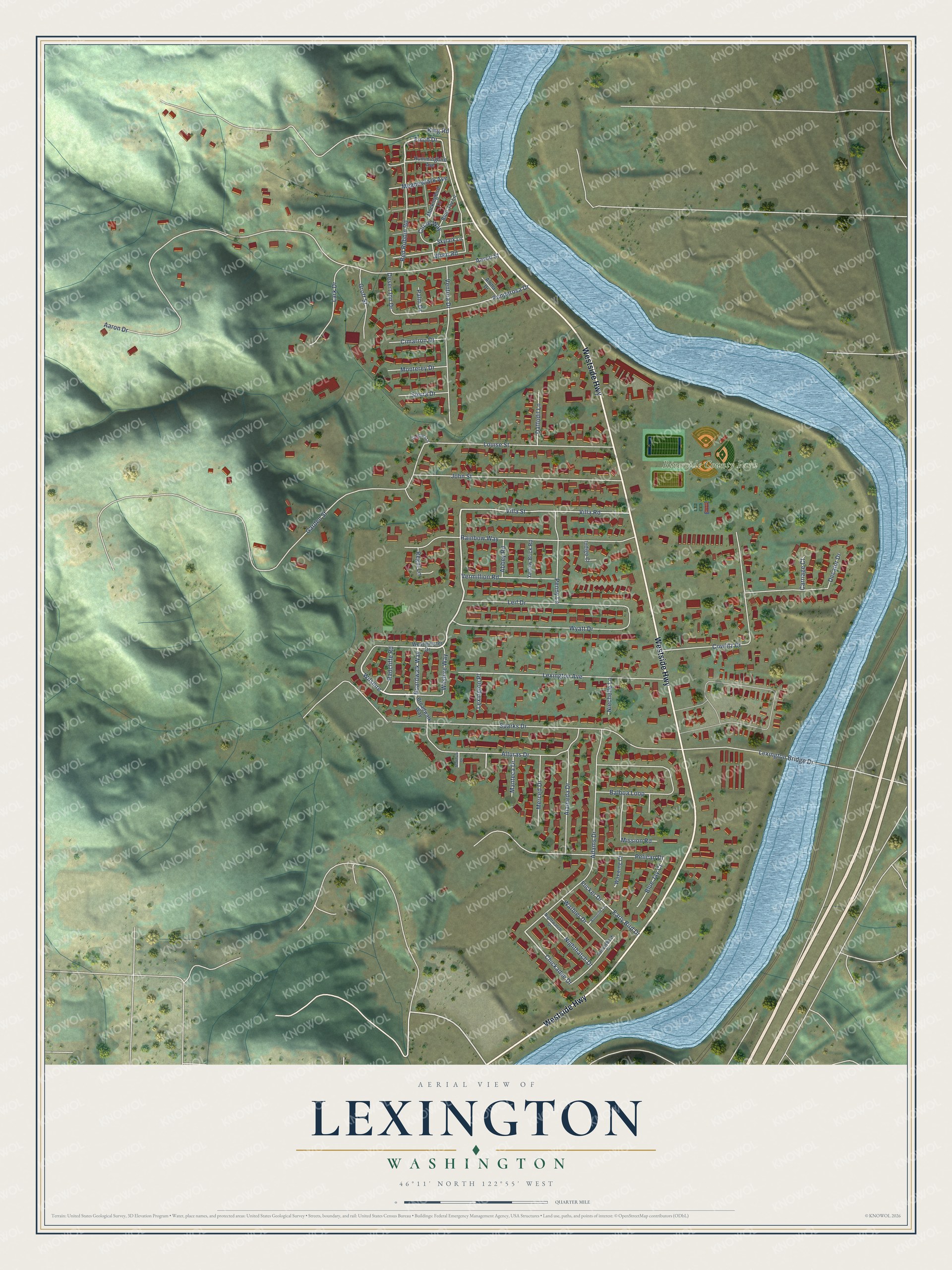 Full map of Lexington, Washington, with red buildings, printed street names and the land around them