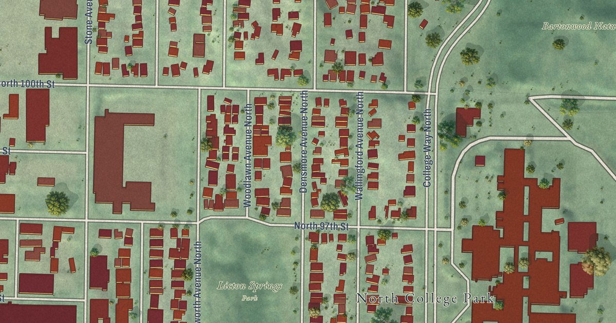 Close-up of streets and buildings in Licton Springs, Washington
