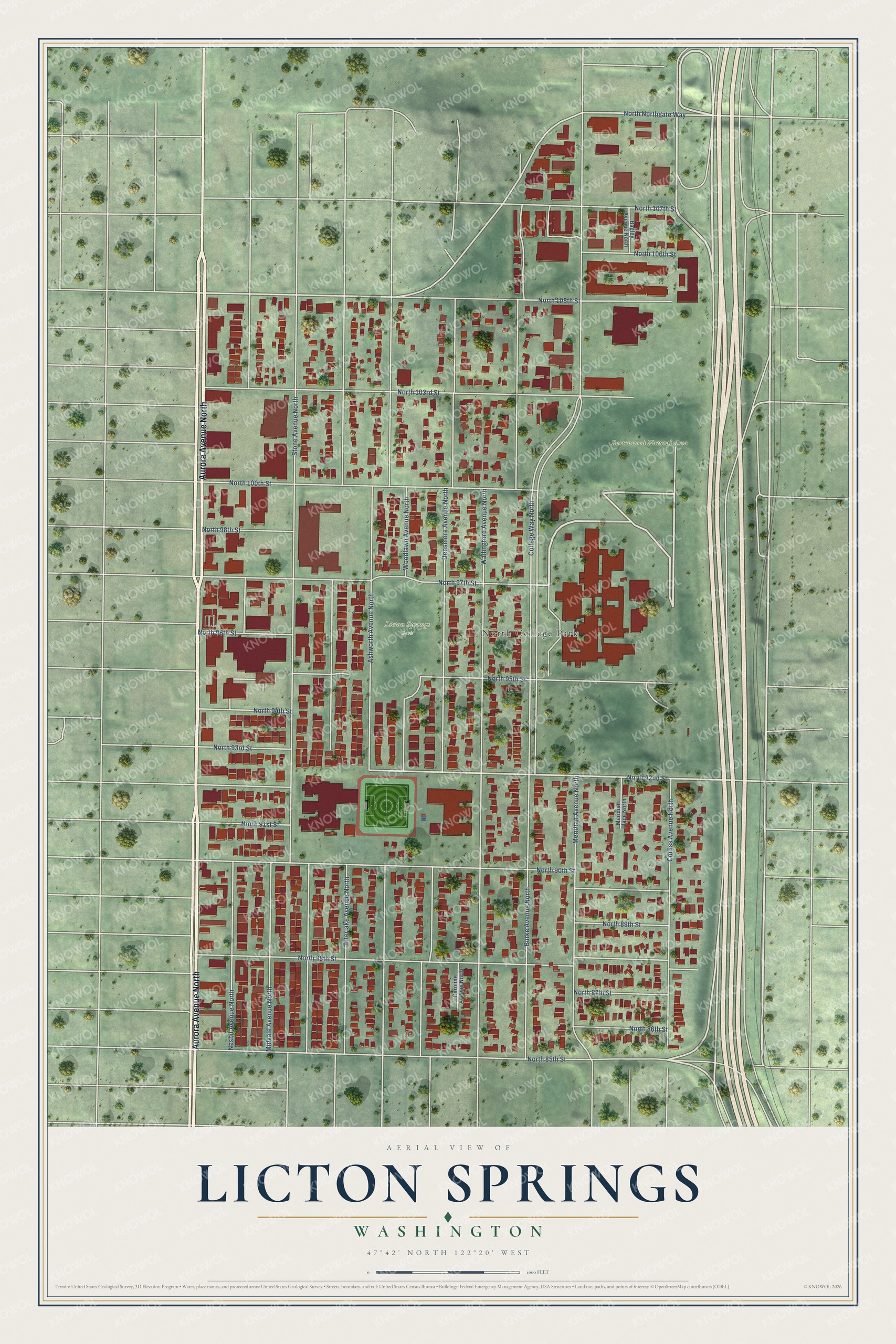 Full map of Licton Springs, Washington, with red buildings, printed street names and the land around them