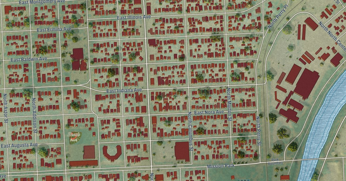 Close-up of streets and buildings in Logan, Washington