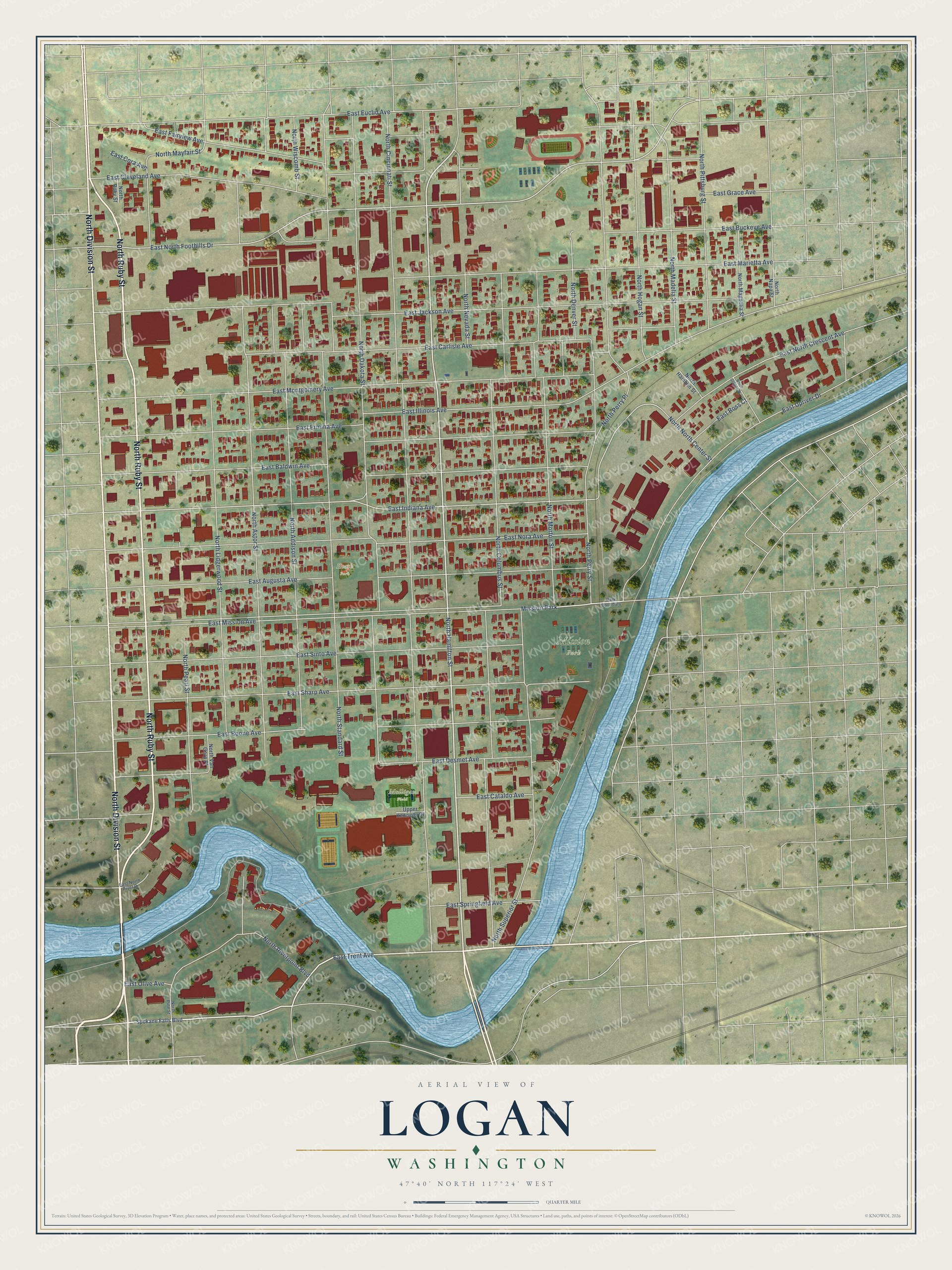 Full map of Logan, Washington, with red buildings, printed street names and the land around them
