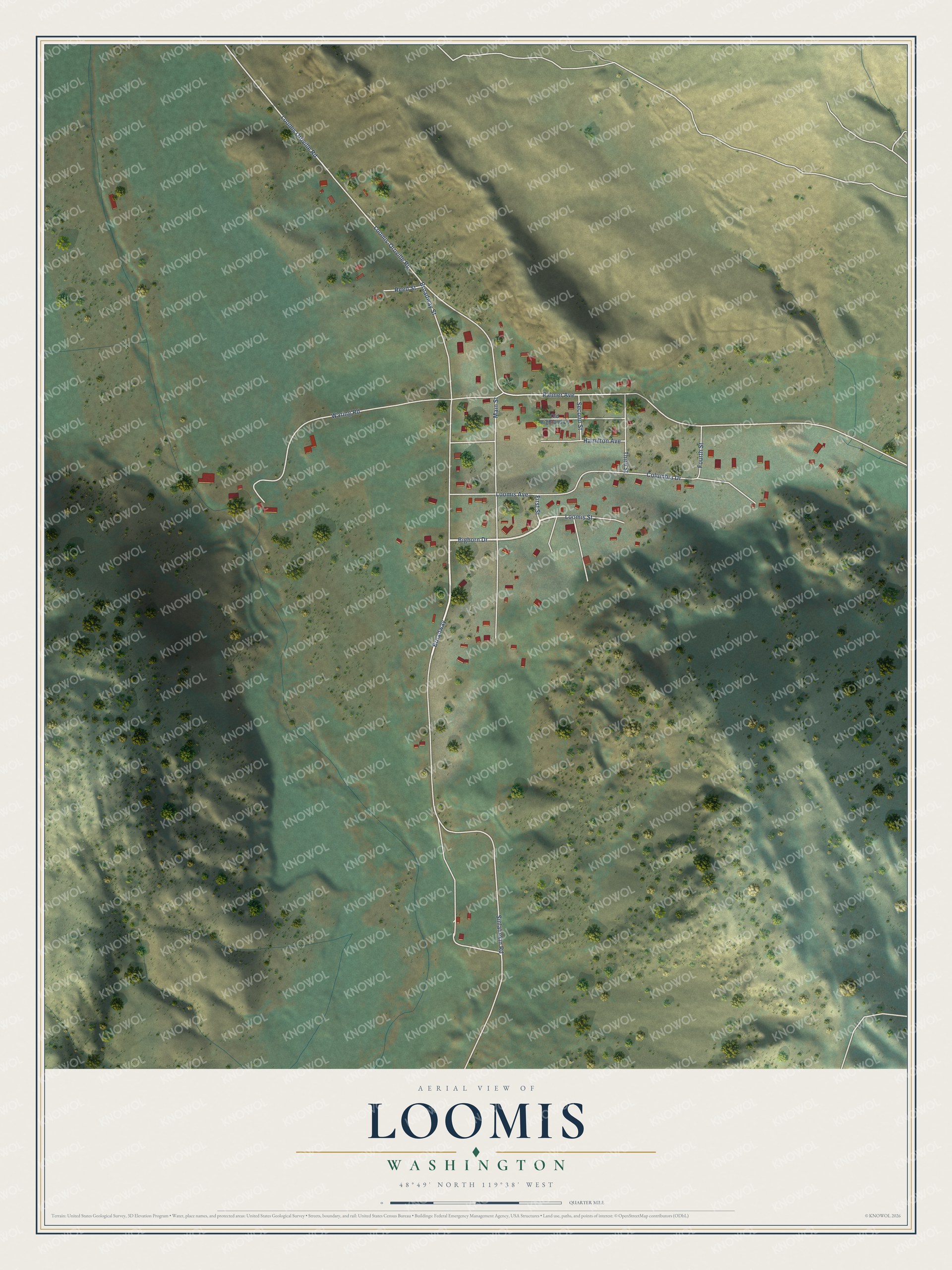 Full map of Loomis, Washington, with red buildings, printed street names and the land around them