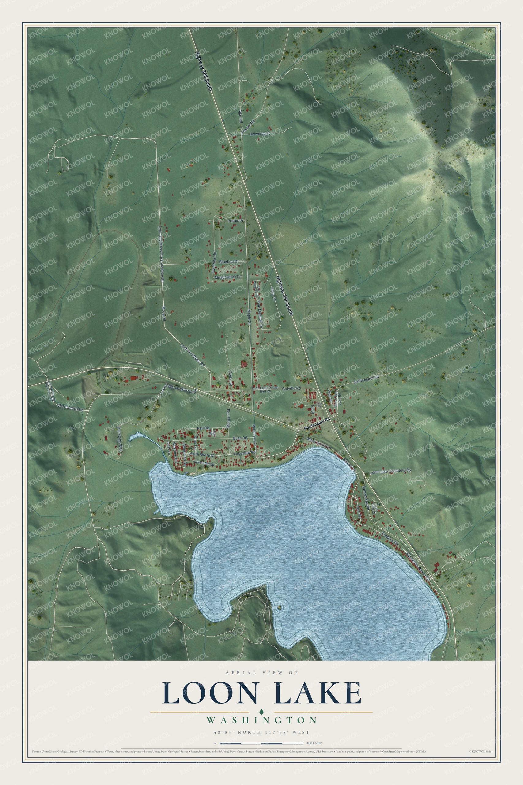 Full map of Loon Lake, Washington, with red buildings, printed street names and the land around them