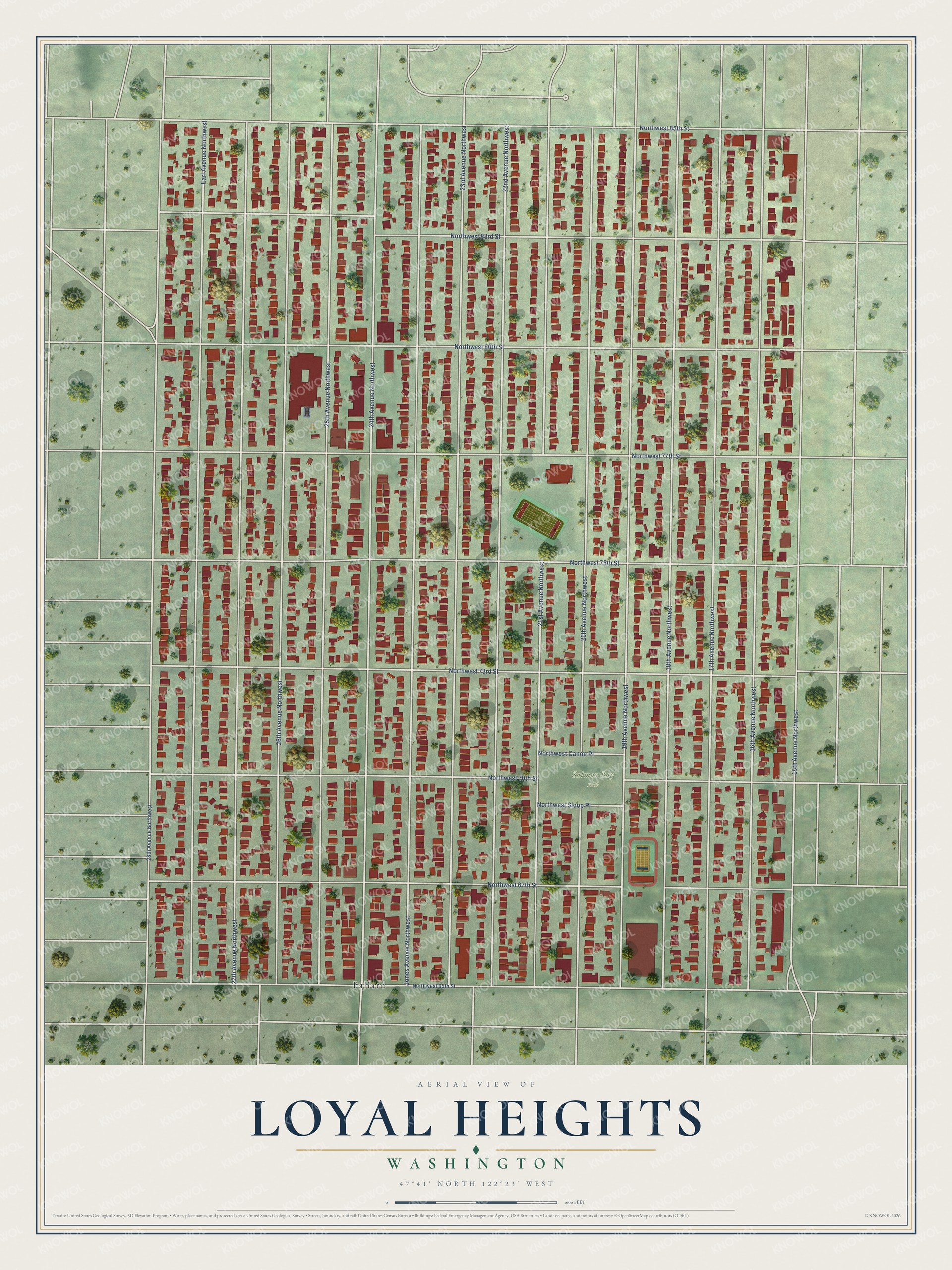 Full map of Loyal Heights, Washington, with red buildings, printed street names and the land around them