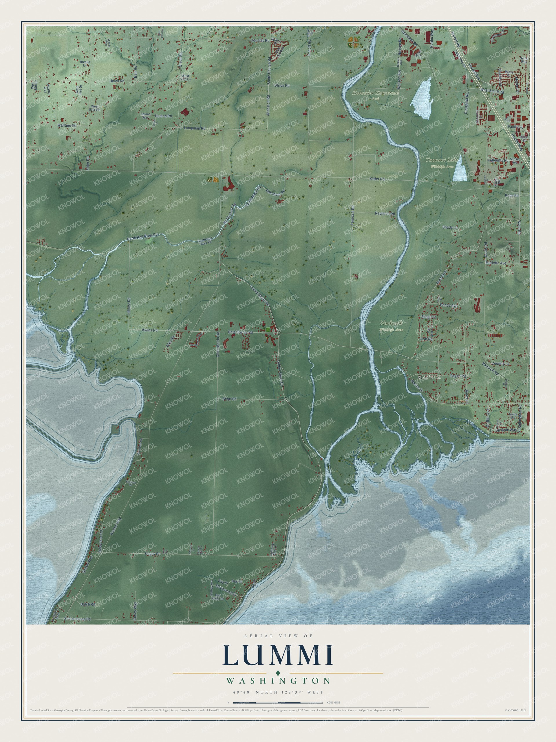 Full map of Lummi, Washington, with red buildings, printed street names and the land around them