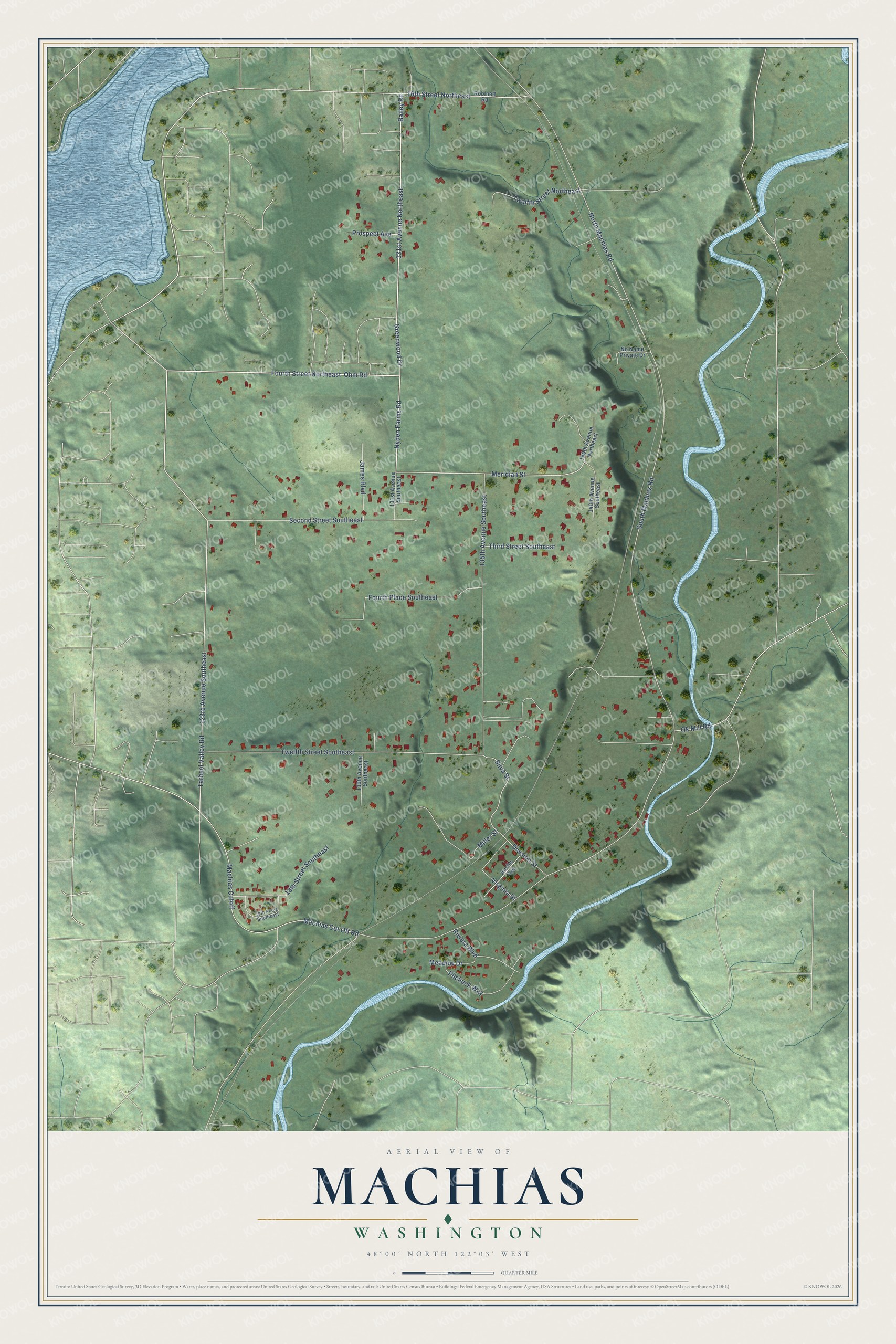 Full map of Machias, Washington, with red buildings, printed street names and the land around them