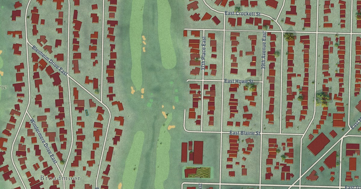 Close-up of streets and buildings in Madison Park, Washington
