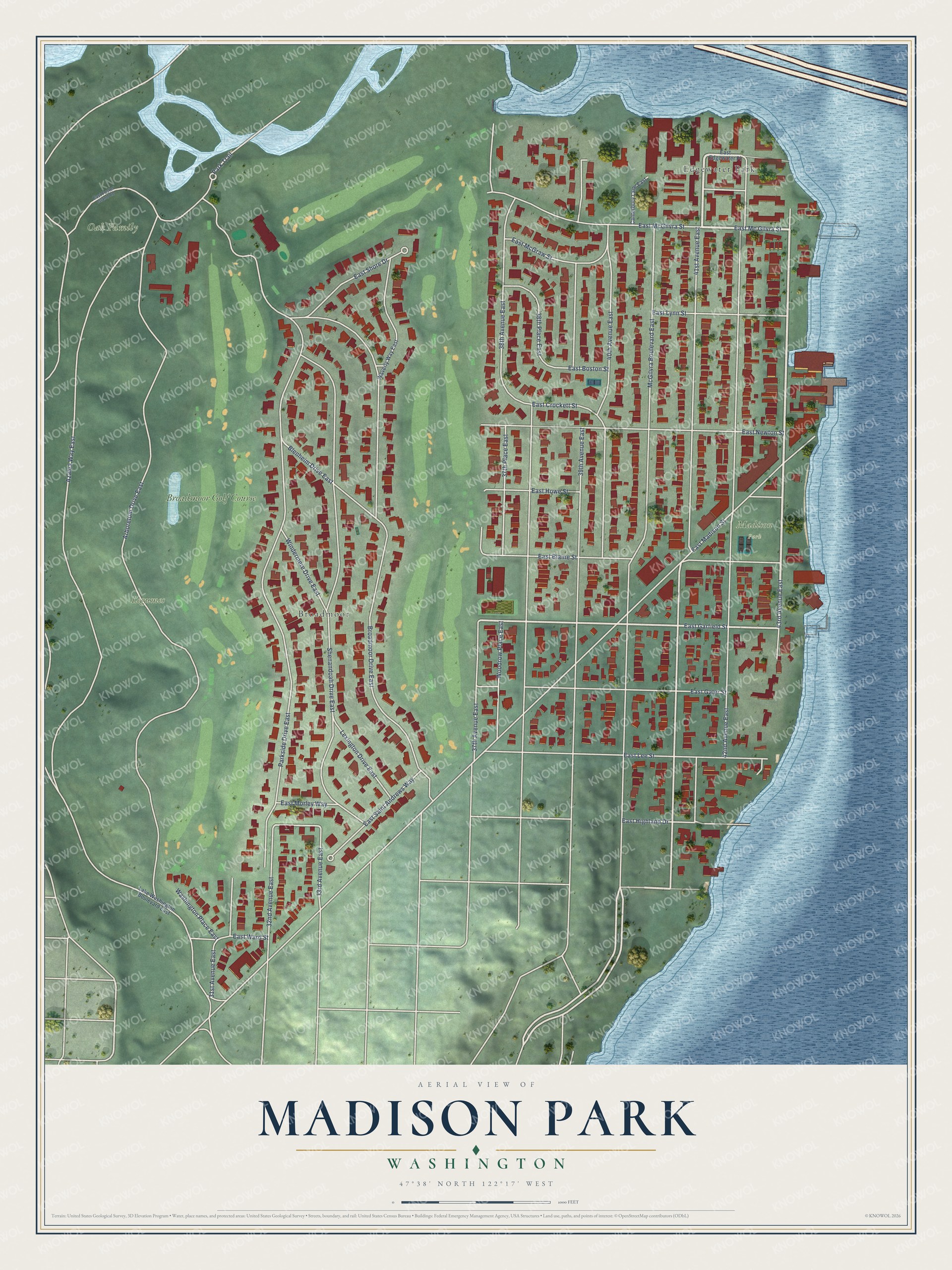 Full map of Madison Park, Washington, with red buildings, printed street names and the land around them