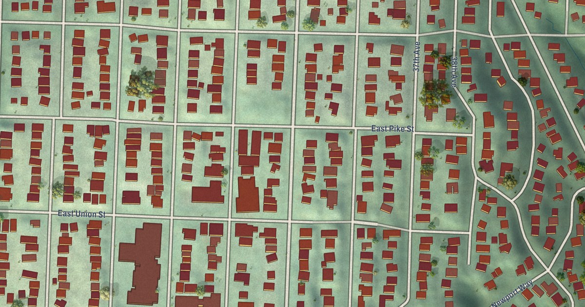Close-up of streets and buildings in Madrona, Washington