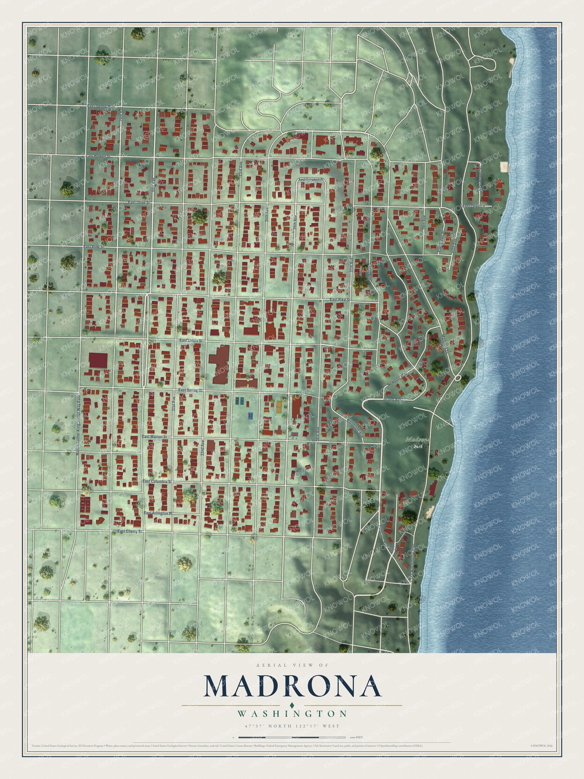 Full map of Madrona, Washington, with red buildings, printed street names and the land around them