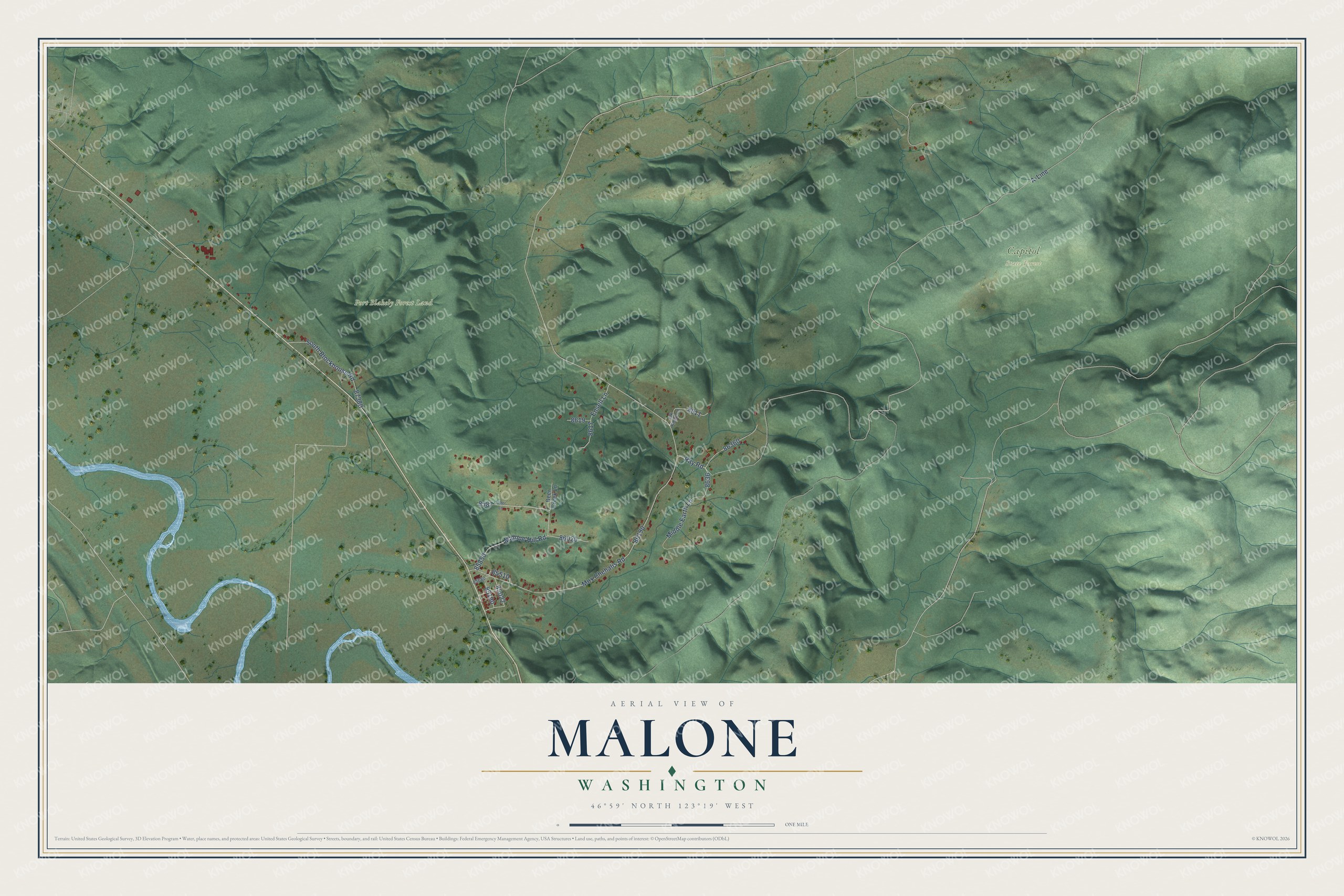 Full map of Malone, Washington, with red buildings, printed street names and the land around them