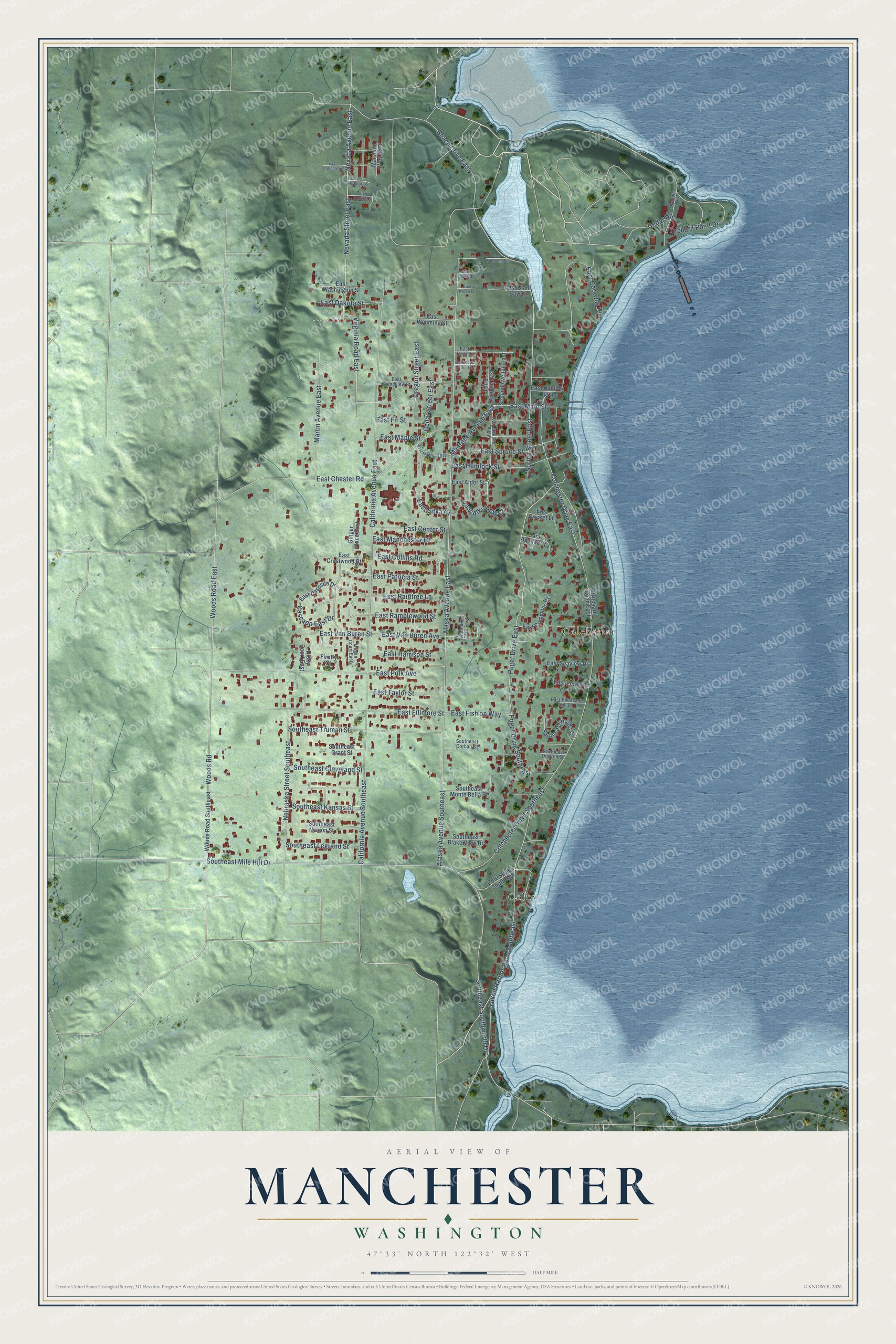 Full map of Manchester, Washington, with red buildings, printed street names and the land around them