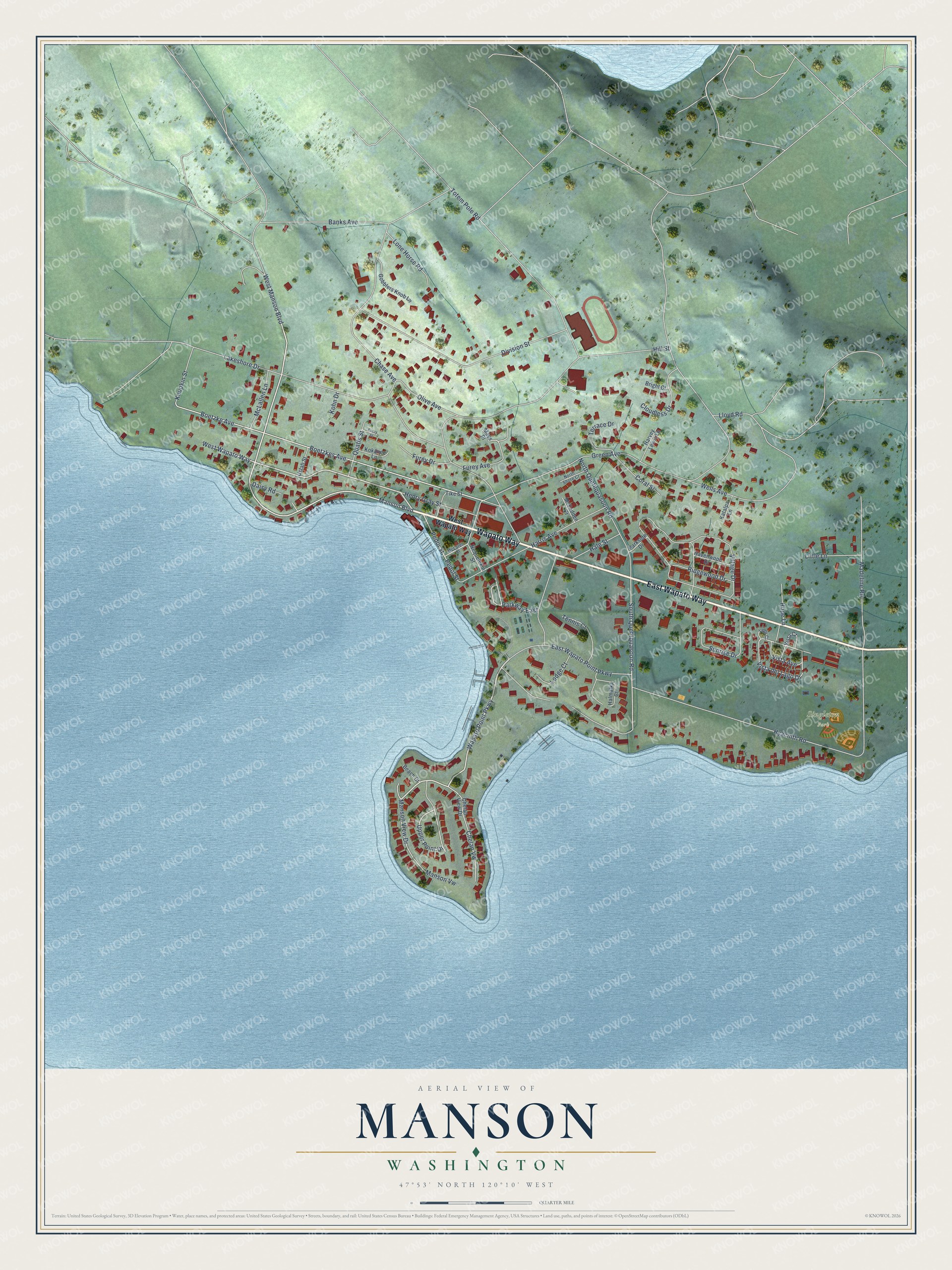 Full map of Manson, Washington, with red buildings, printed street names and the land around them
