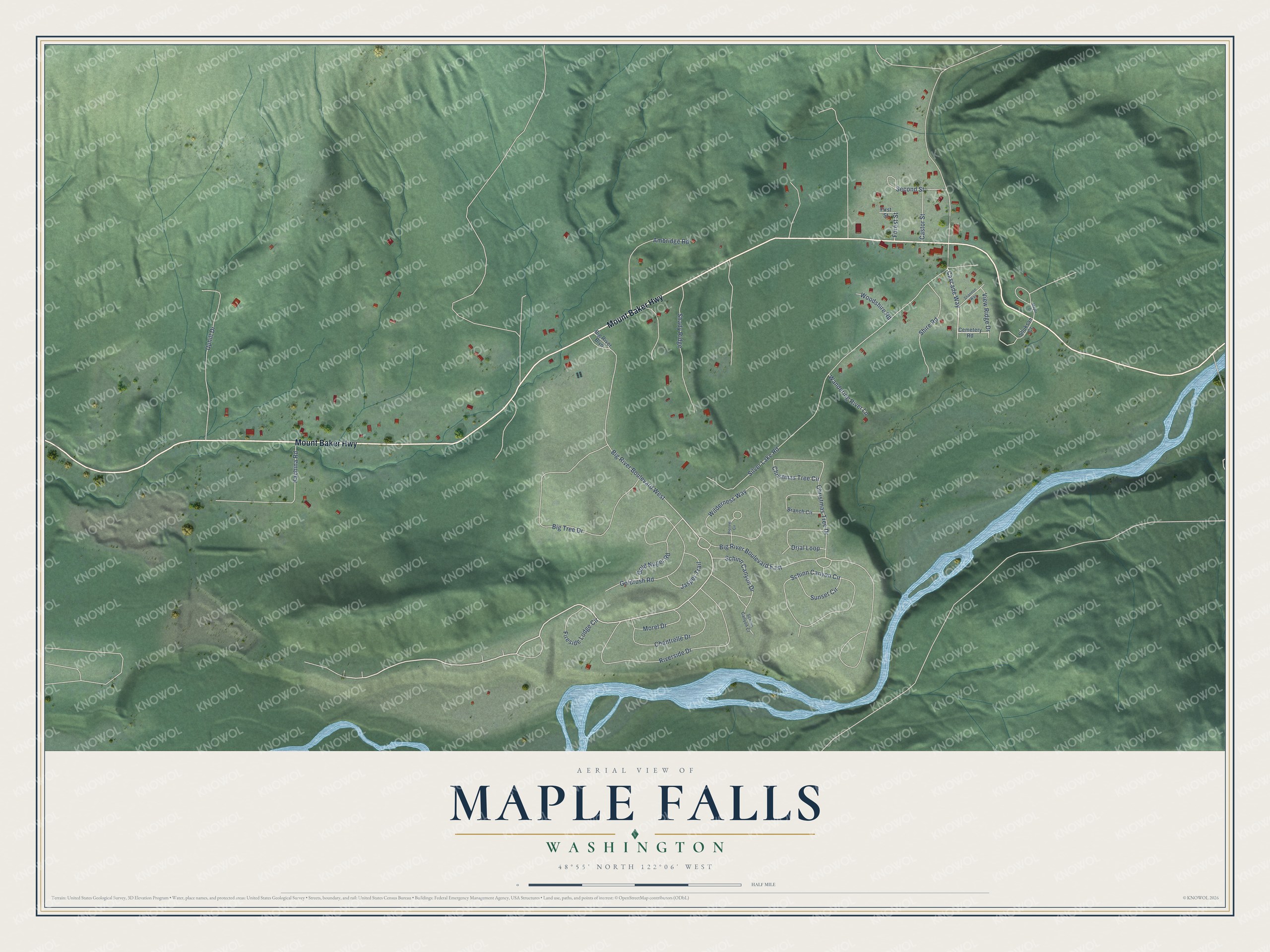 Full map of Maple Falls, Washington, with red buildings, printed street names and the land around them