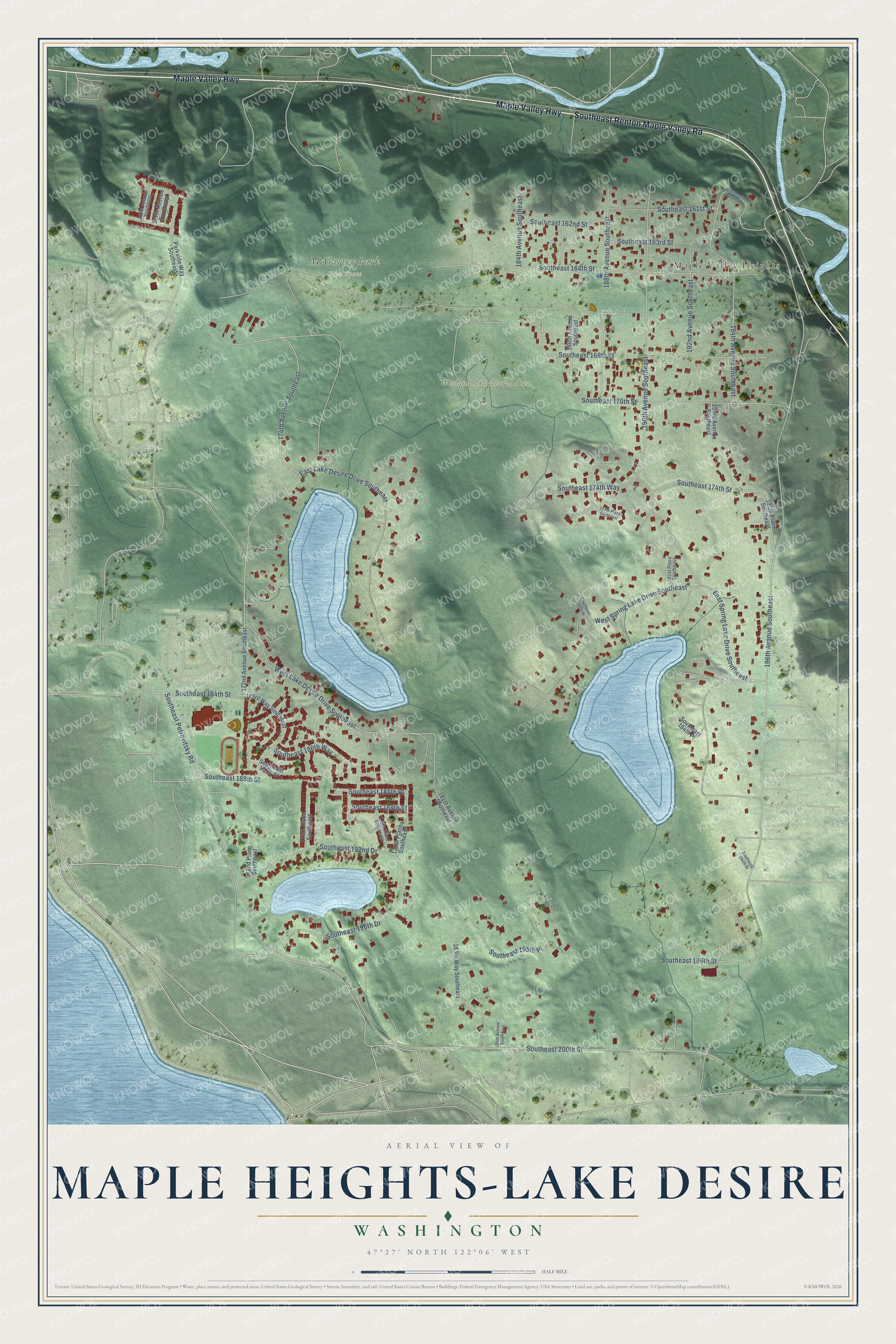 Full map of Maple Heights-Lake Desire, Washington, with red buildings, printed street names and the land around them