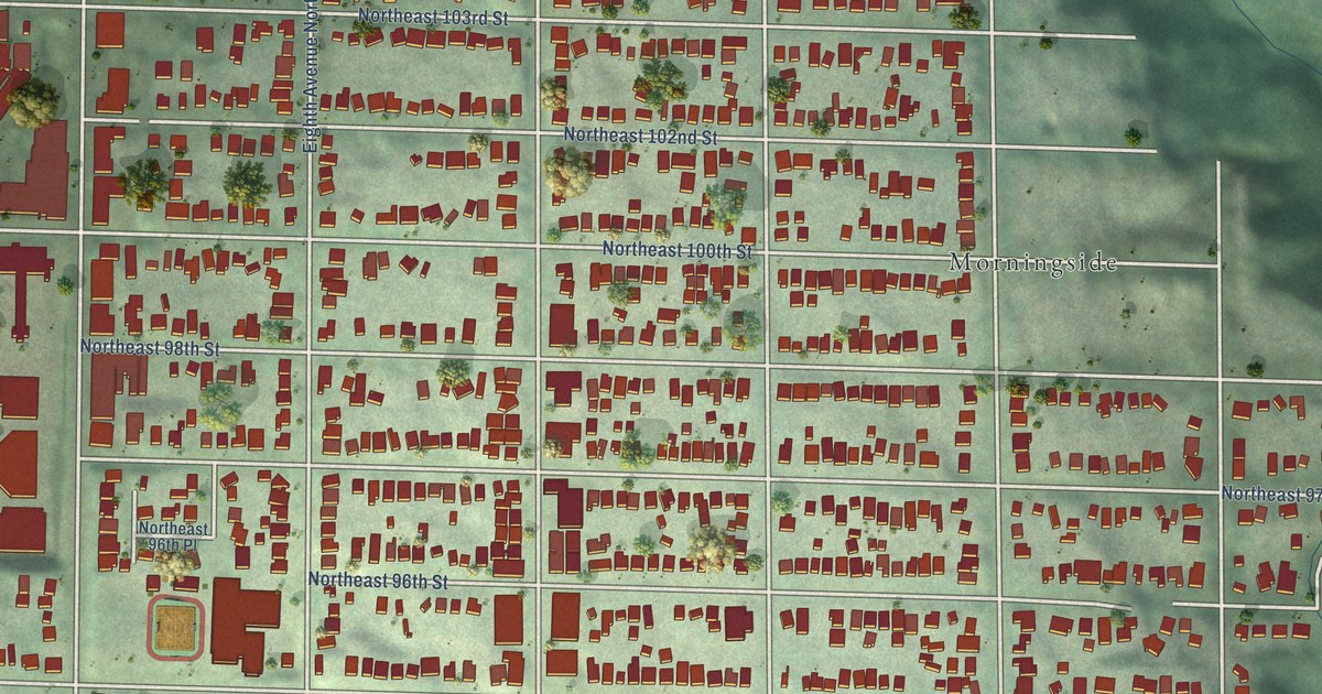 Close-up of streets and buildings in Maple Leaf, Washington