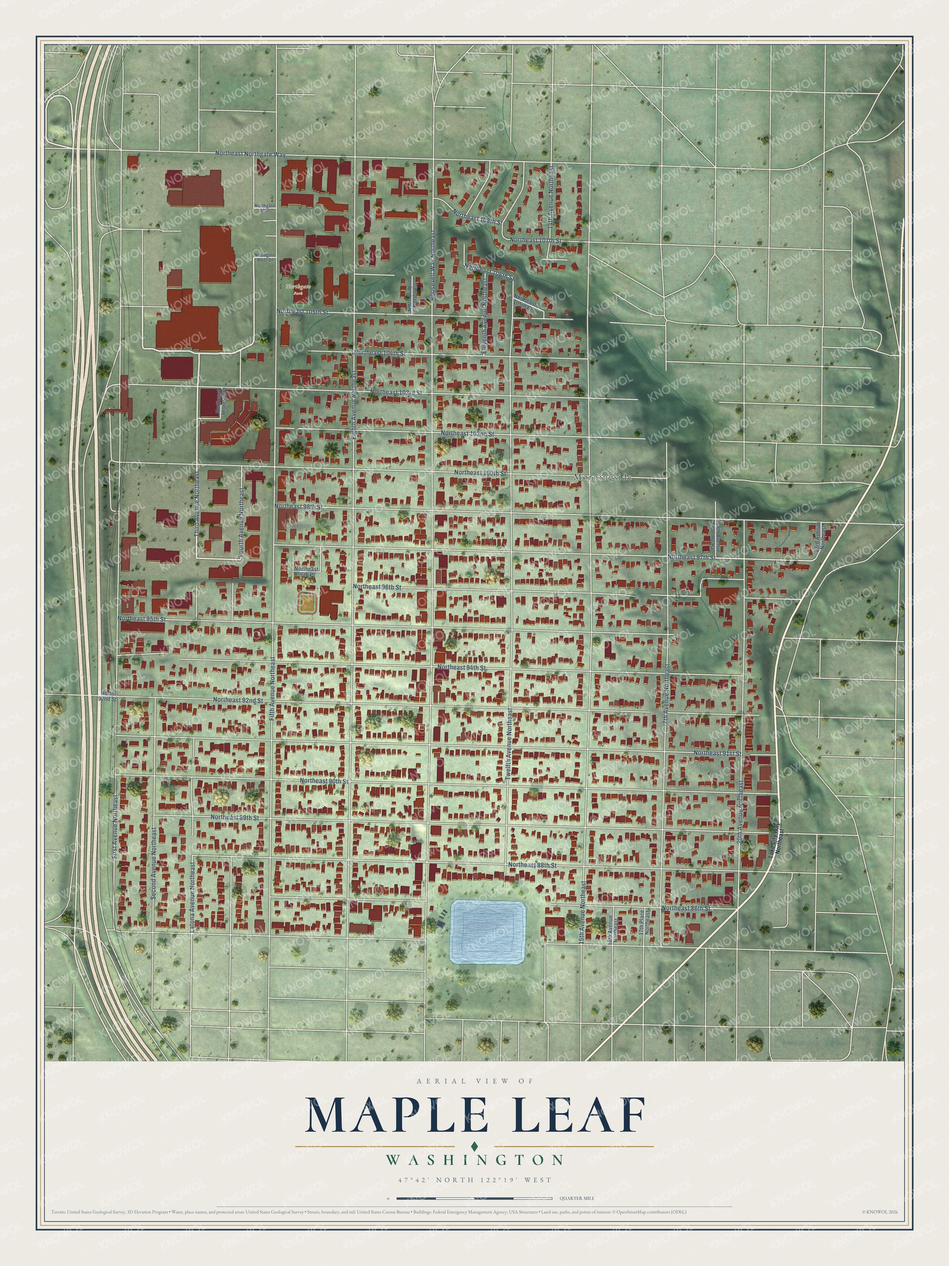 Full map of Maple Leaf, Washington, with red buildings, printed street names and the land around them