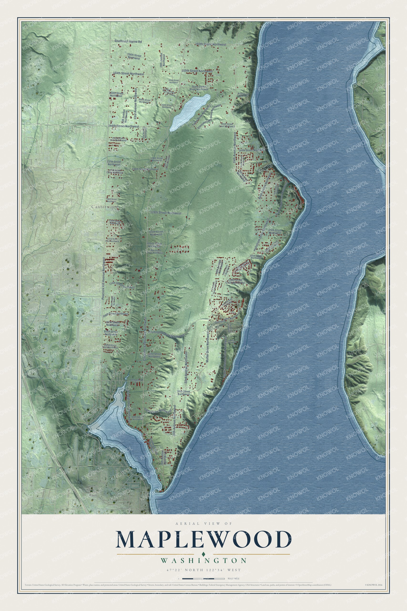 Full map of Maplewood, Washington, with red buildings, printed street names and the land around them