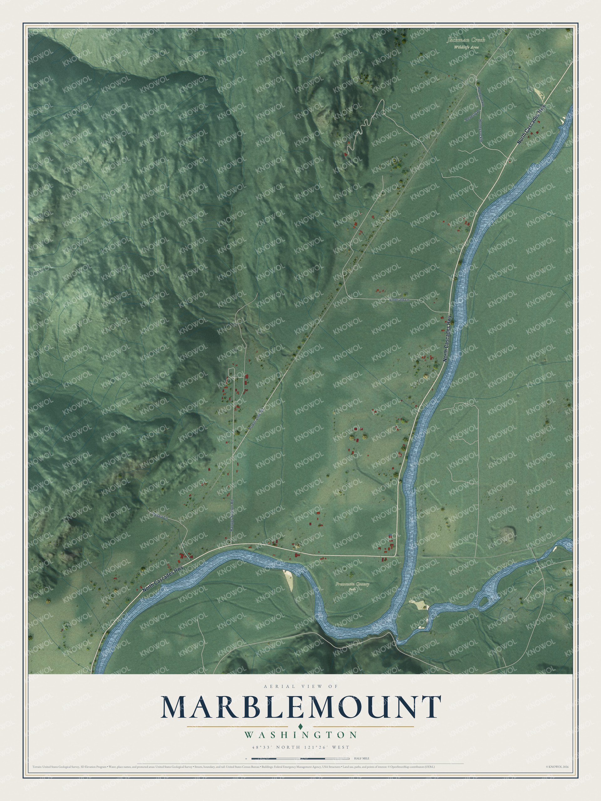 Full map of Marblemount, Washington, with red buildings, printed street names and the land around them