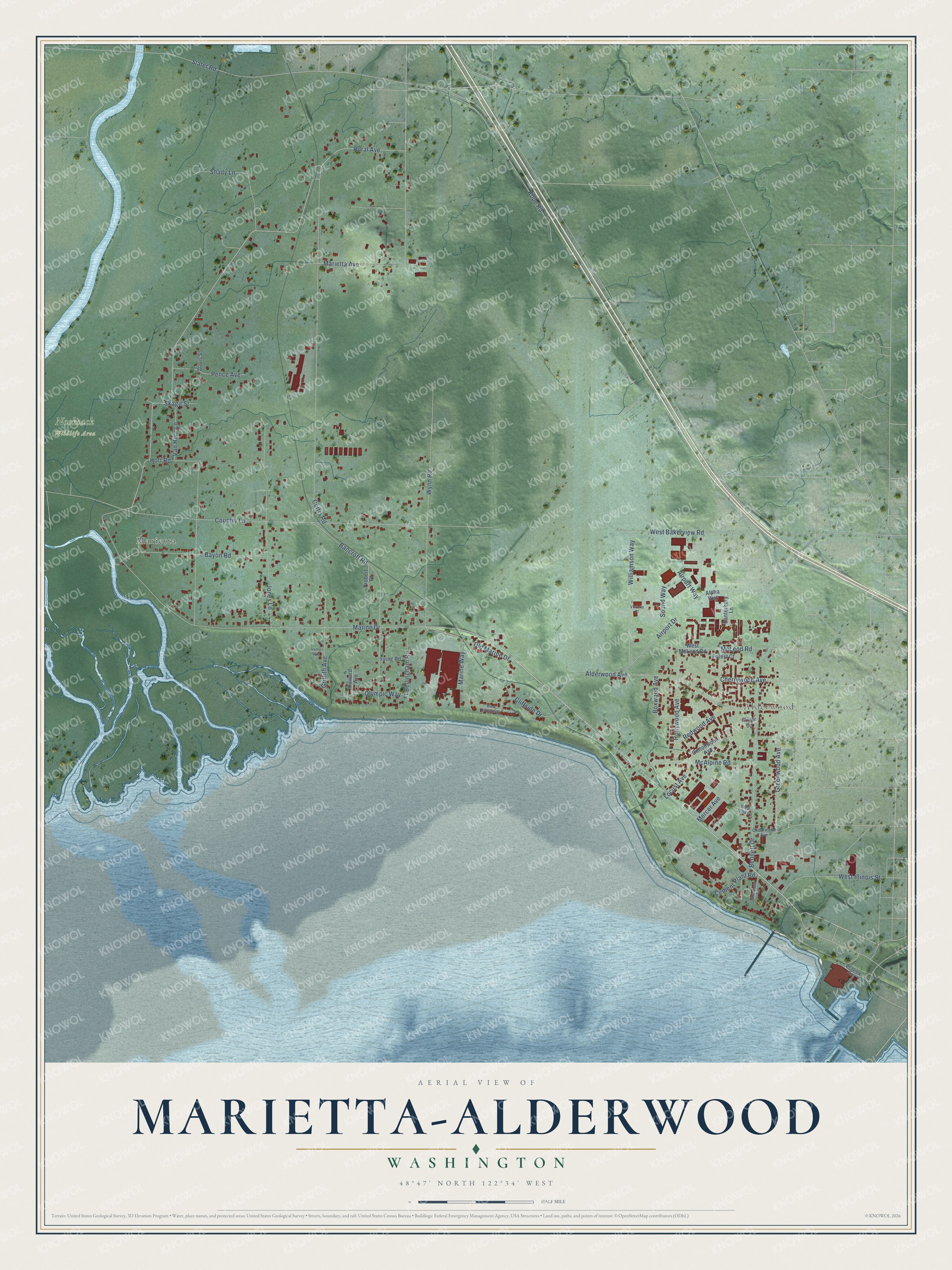 Full map of Marietta-Alderwood, Washington, with red buildings, printed street names and the land around them