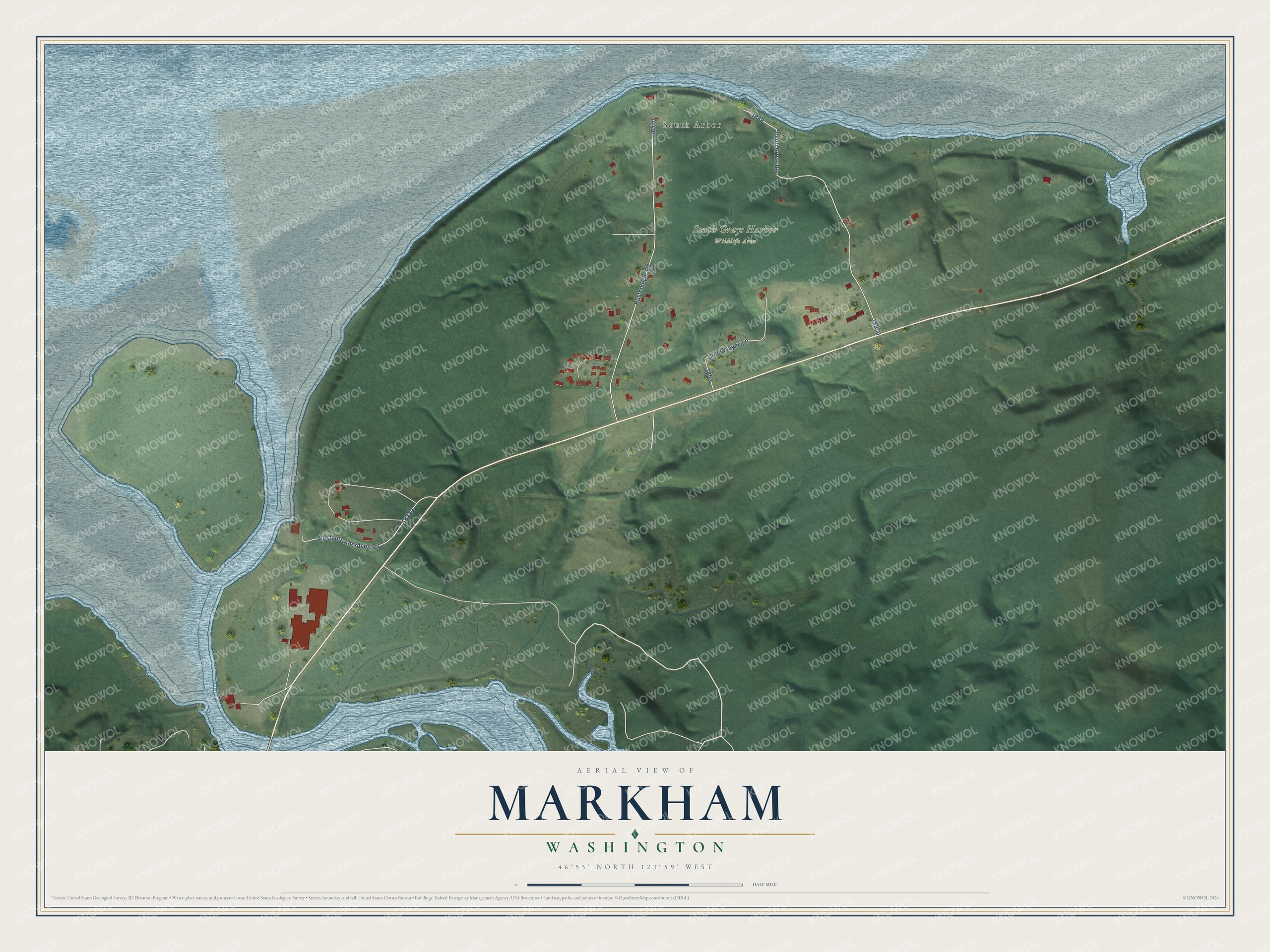 Full map of Markham, Washington, with red buildings, printed street names and the land around them