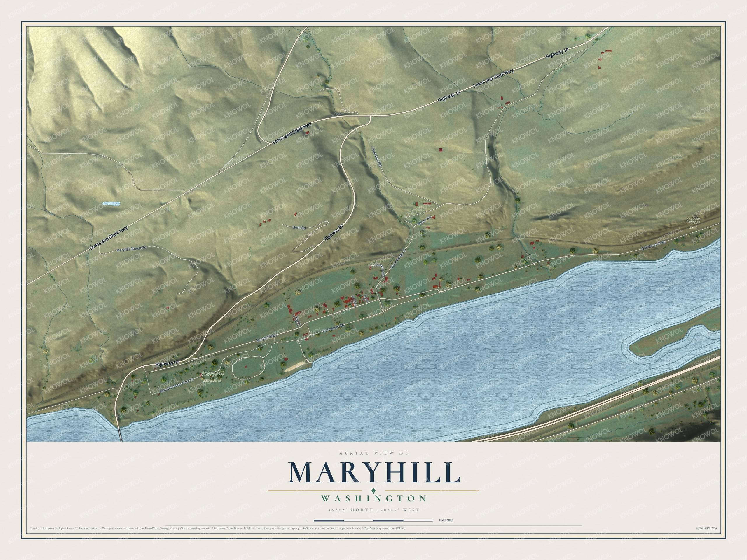 Full map of Maryhill, Washington, with red buildings, printed street names and the land around them