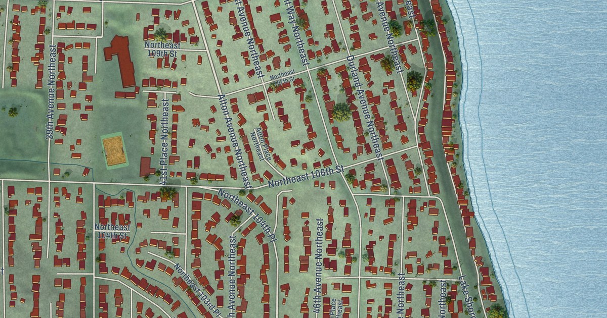Close-up of streets and buildings in Matthews Beach, Washington