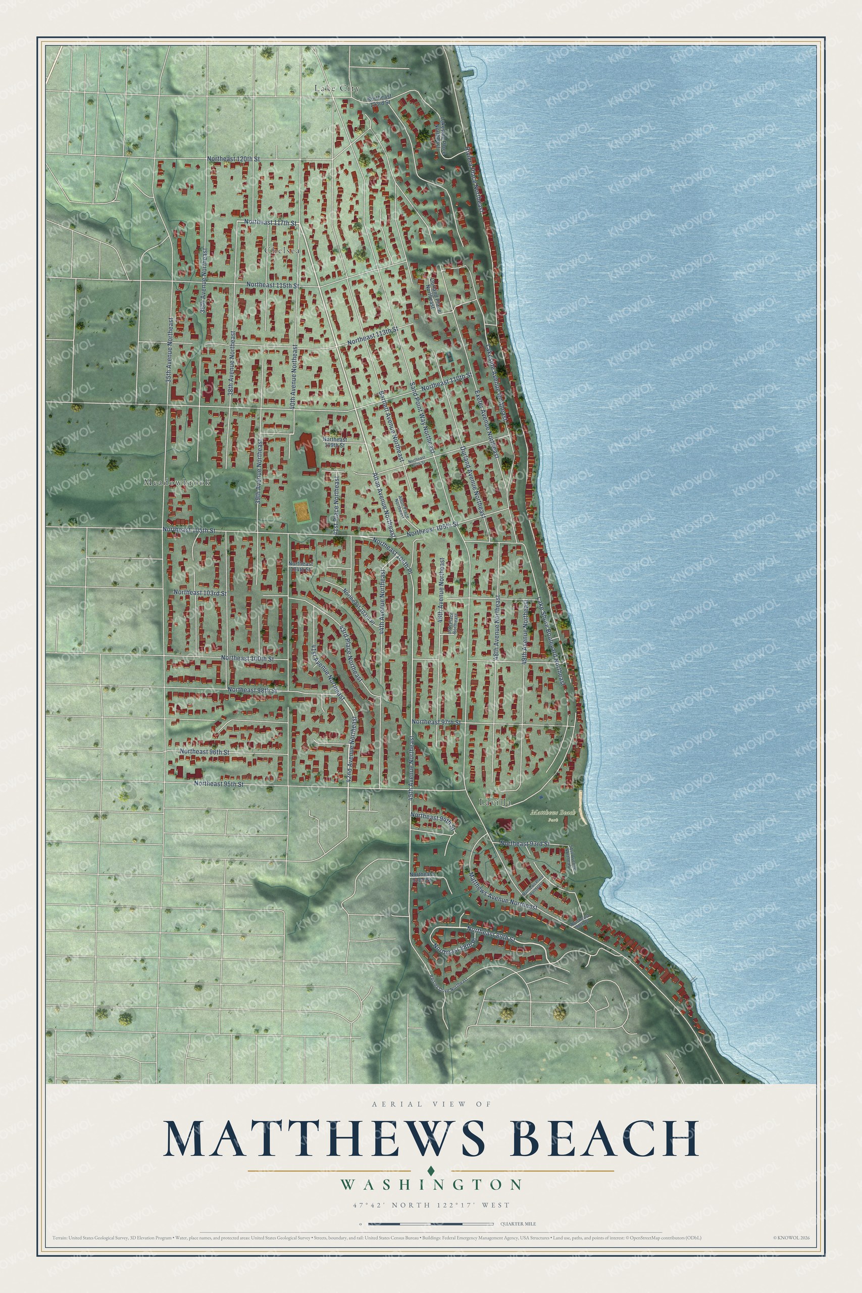 Full map of Matthews Beach, Washington, with red buildings, printed street names and the land around them