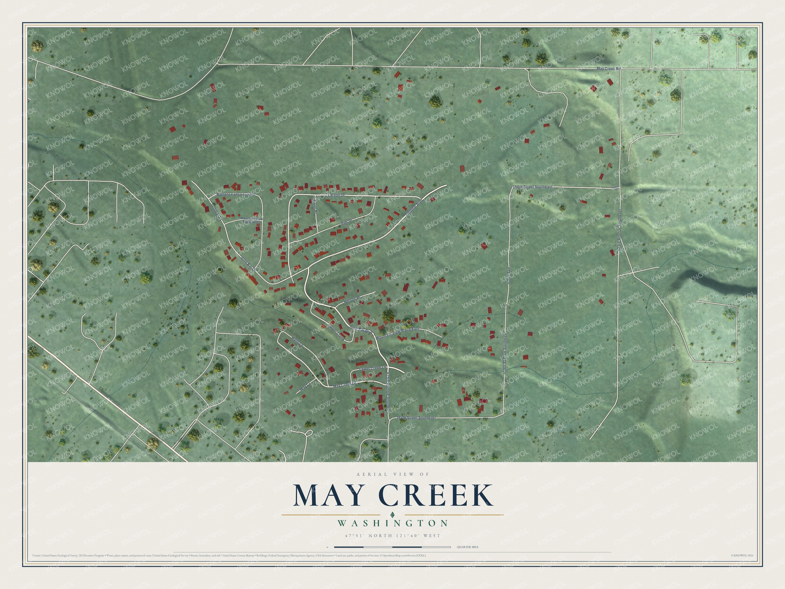 Full map of May Creek, Washington, with red buildings, printed street names and the land around them