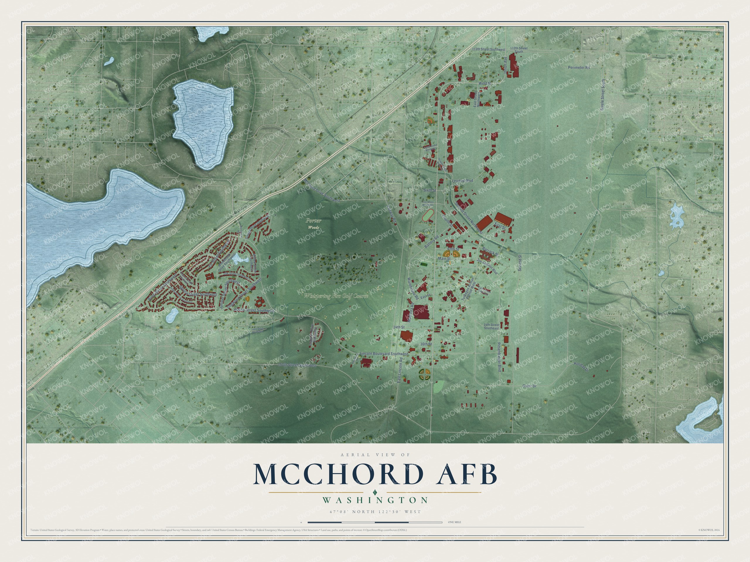 Full map of McChord AFB, Washington, with red buildings, printed street names and the land around them