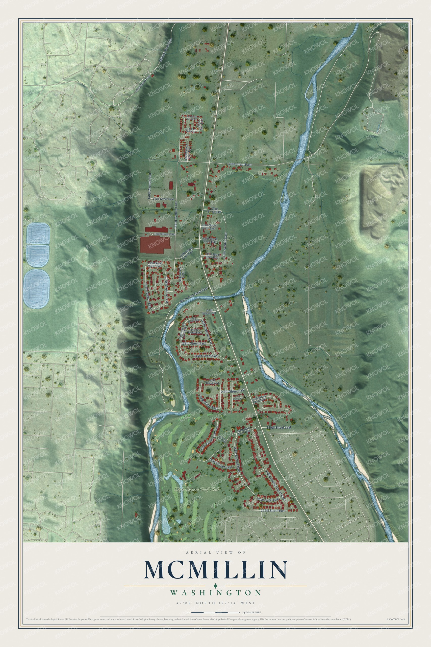 Full map of McMillin, Washington, with red buildings, printed street names and the land around them