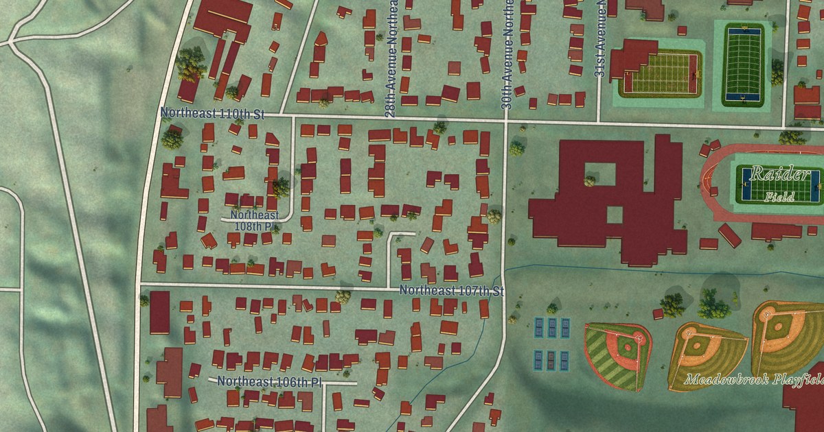 Close-up of streets and buildings in Meadowbrook, Washington