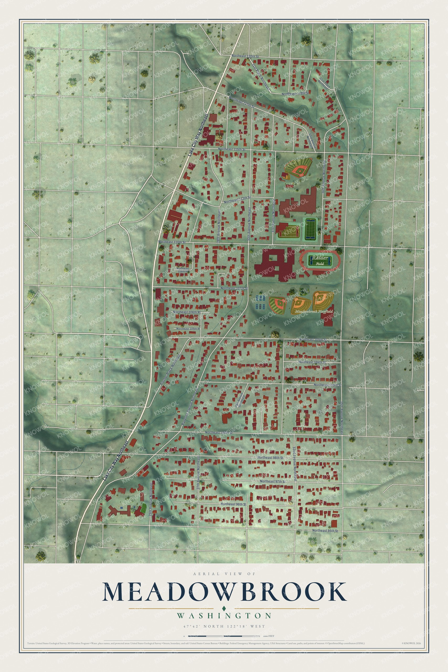 Full map of Meadowbrook, Washington, with red buildings, printed street names and the land around them